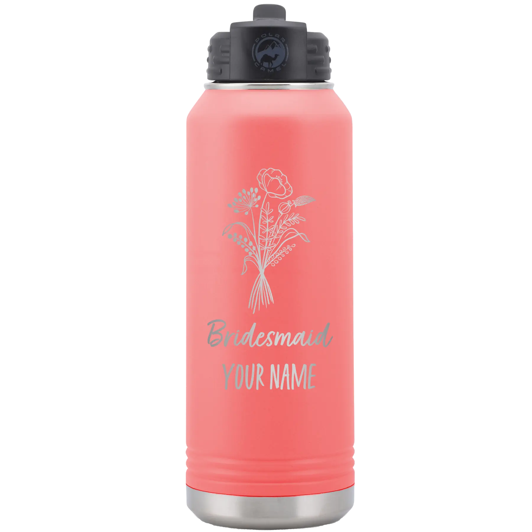 Personalized coral 32 oz vacuum insulated water bottle with 'Bridesmaid with flowers' design