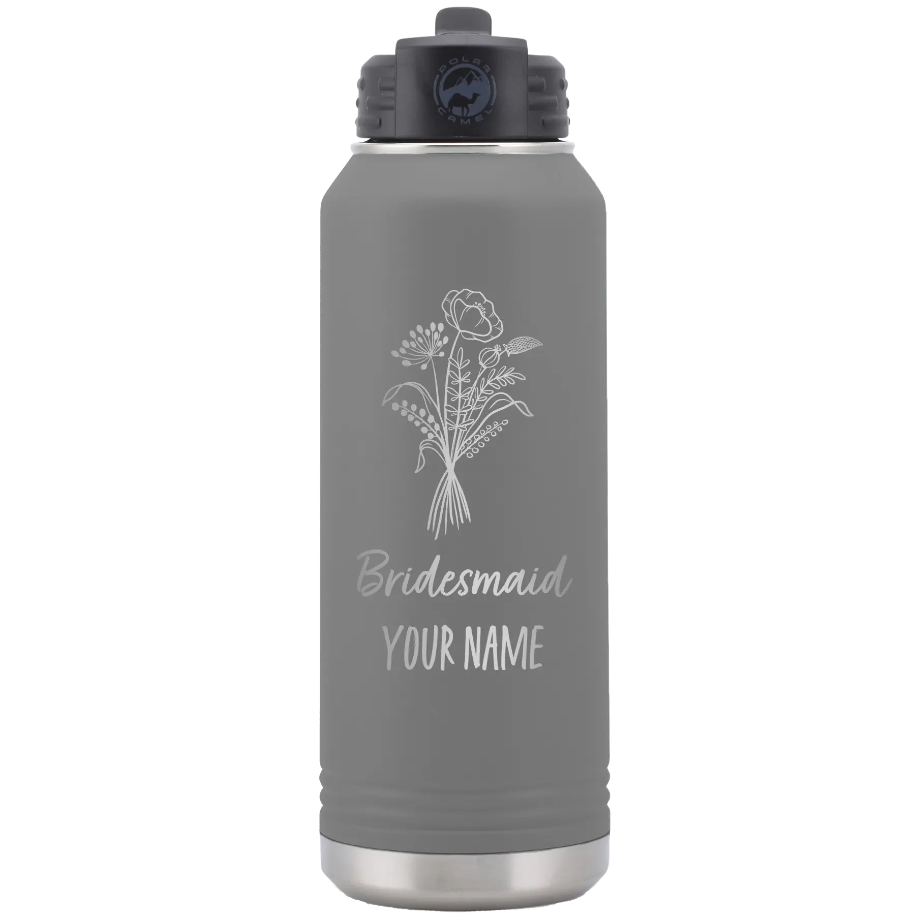 Personalized dark gray 32 oz vacuum insulated water bottle with 'Bridesmaid with flowers' design