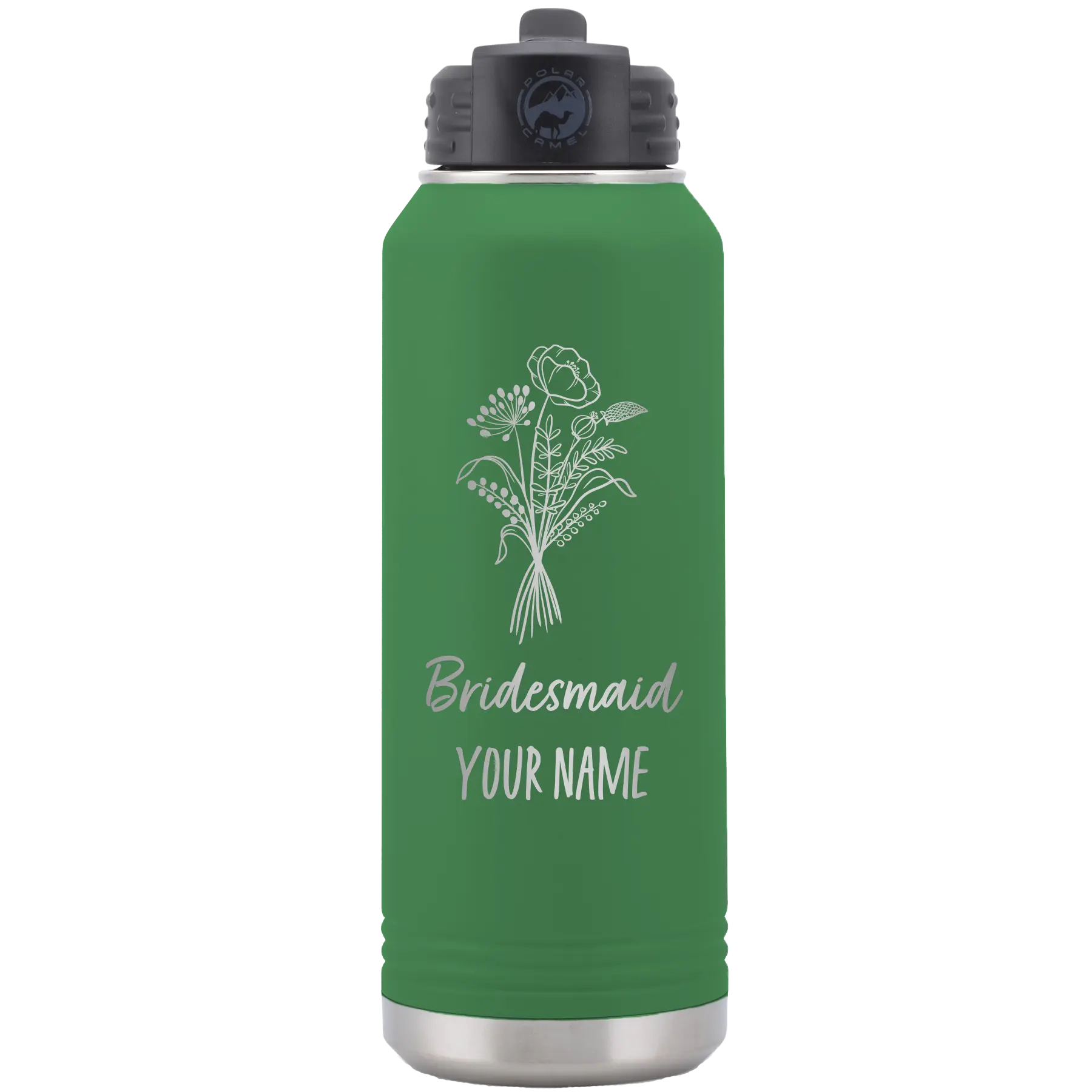 Personalized green 32 oz vacuum insulated water bottle with 'Bridesmaid with flowers' design