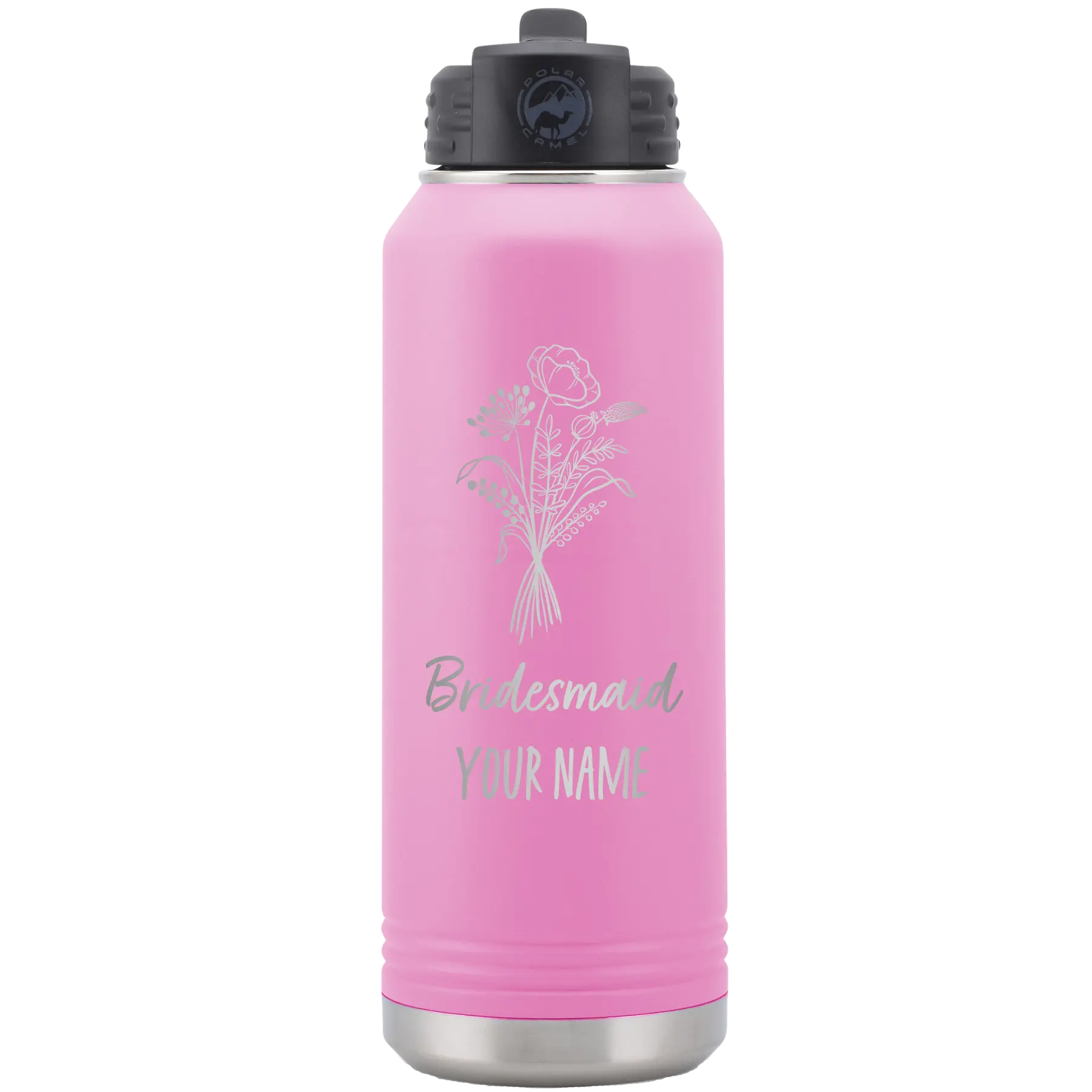 Personalized light purple 32 oz vacuum insulated water bottle with 'Bridesmaid with flowers' design