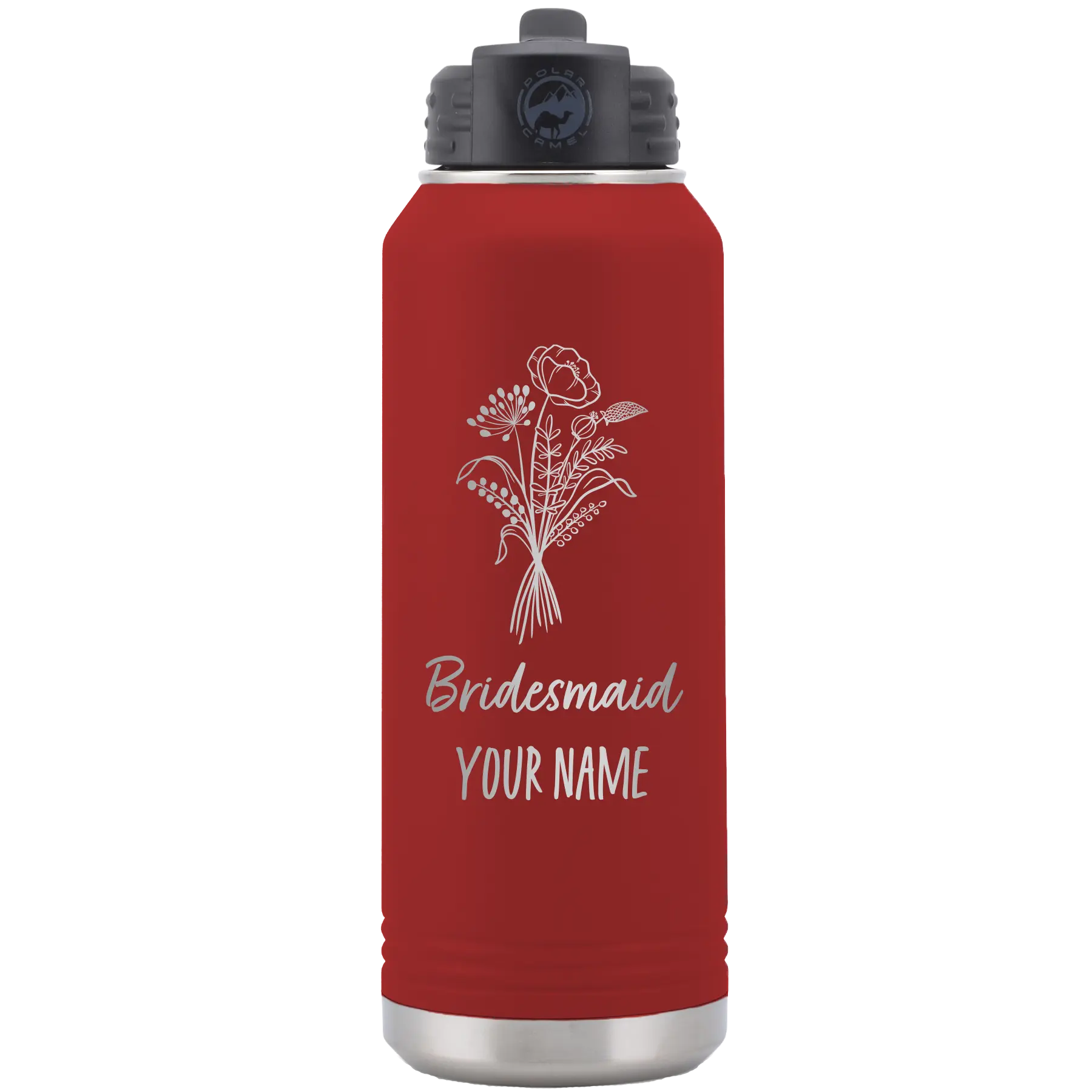 Personalized maroon 32 oz vacuum insulated water bottle with 'Bridesmaid with flowers' design