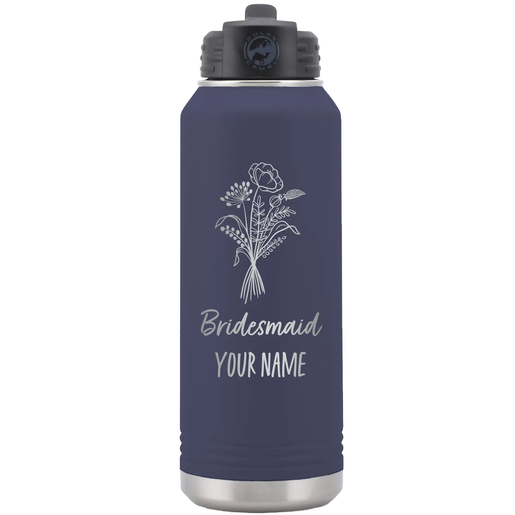 Personalized navy 32 oz vacuum insulated water bottle with 'Bridesmaid with flowers' design