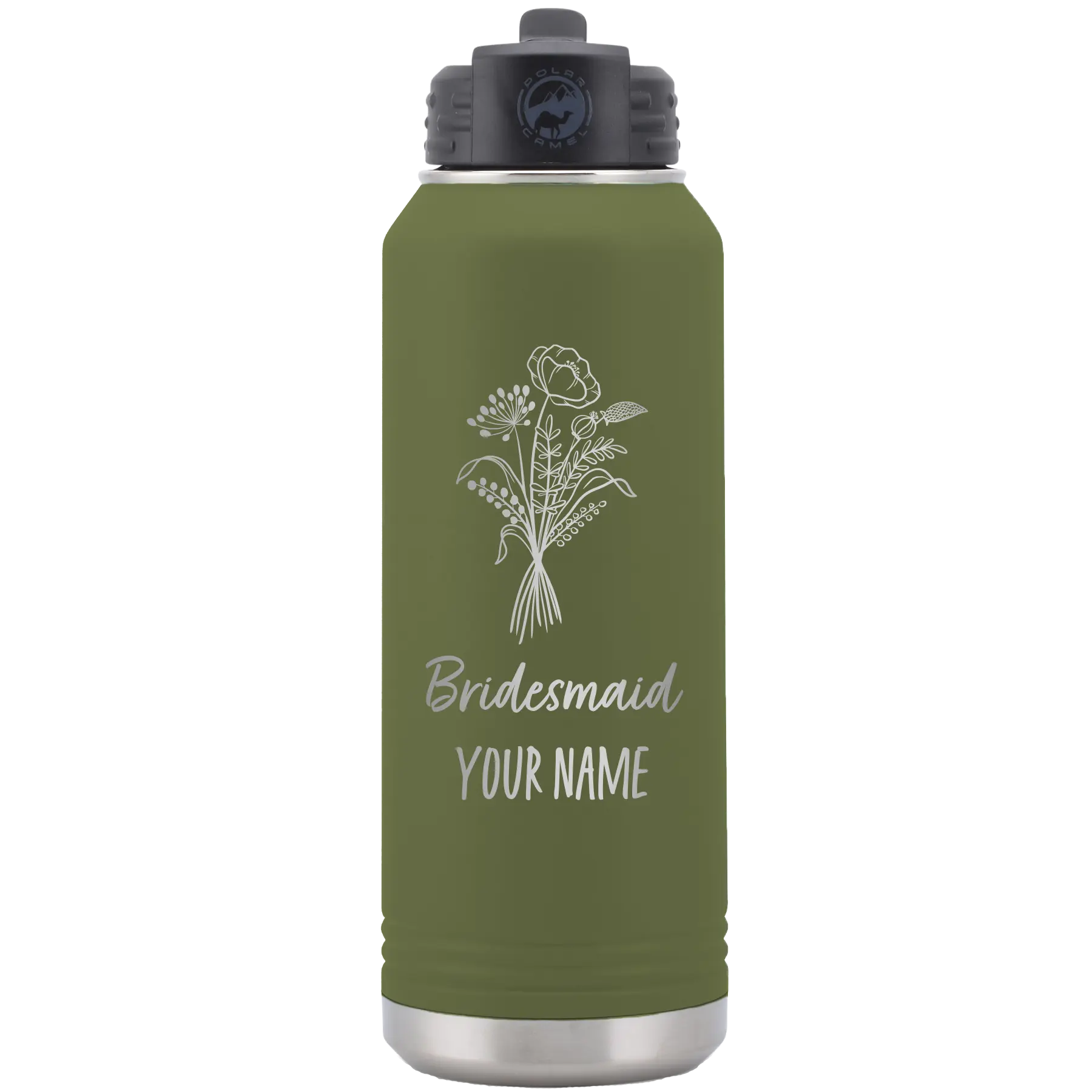 Personalized olive green 32 oz vacuum insulated water bottle with 'Bridesmaid with flowers' design