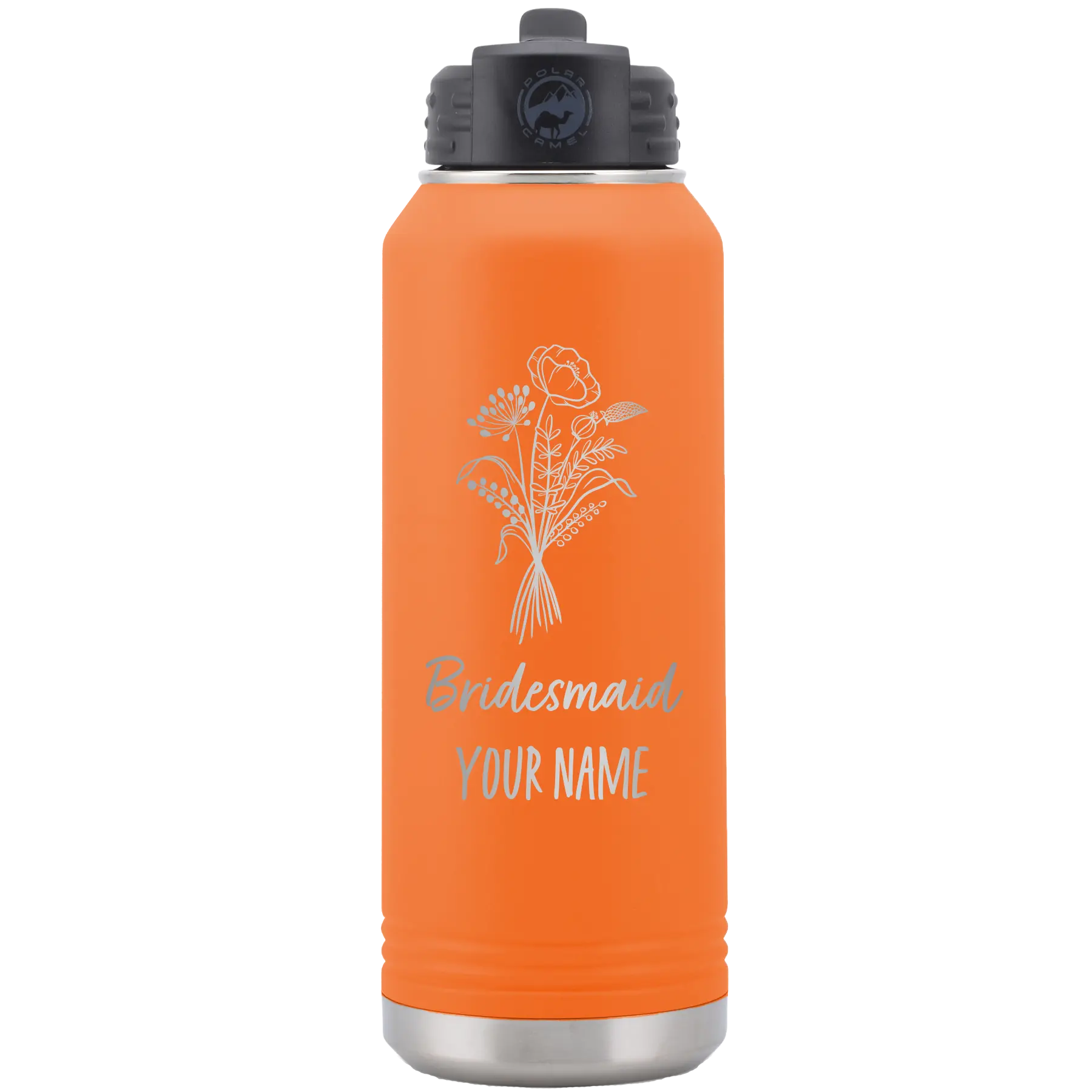 Personalized orange 32 oz vacuum insulated water bottle with 'Bridesmaid with flowers' design