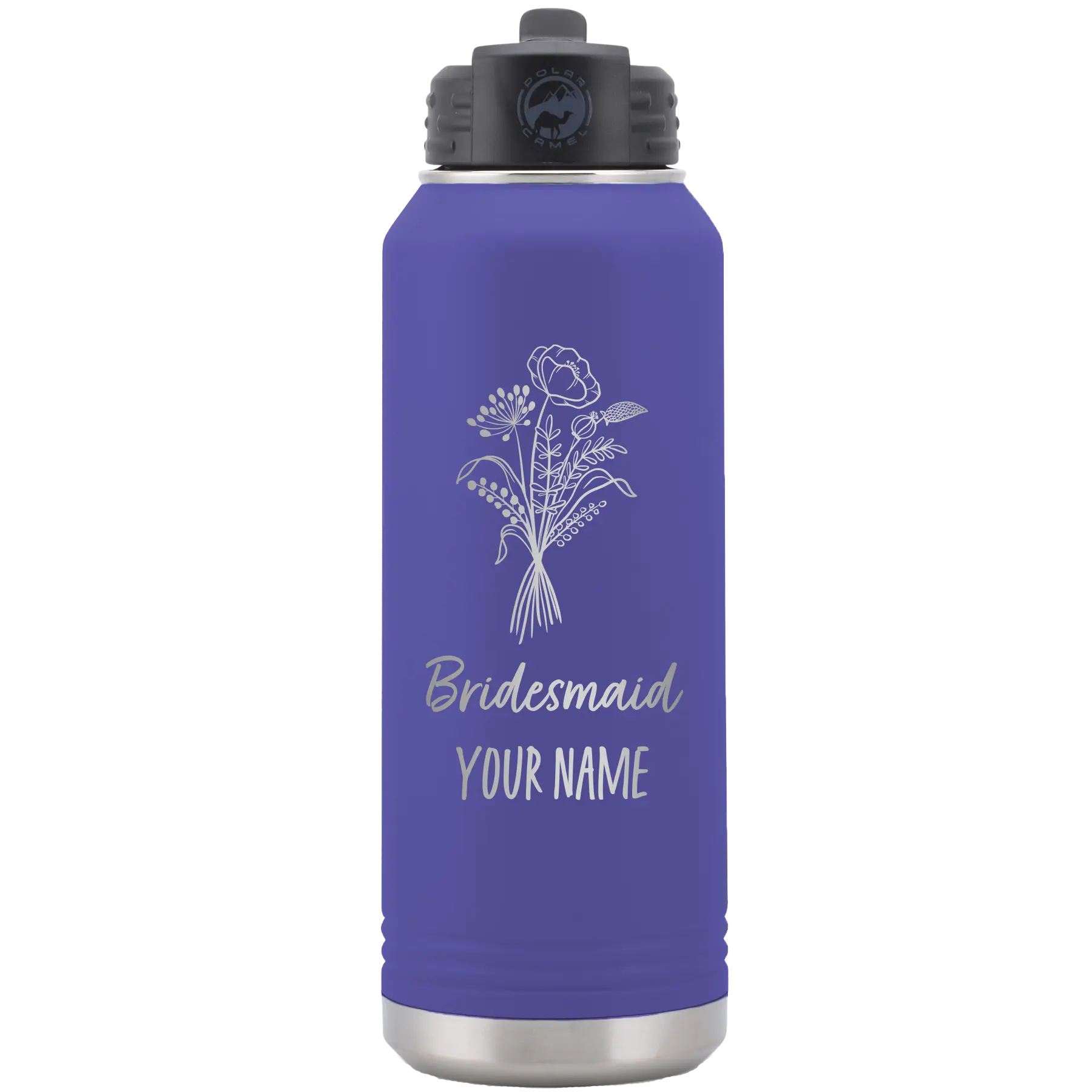 Personalized purple 32 oz vacuum insulated water bottle with 'Bridesmaid with flowers' design