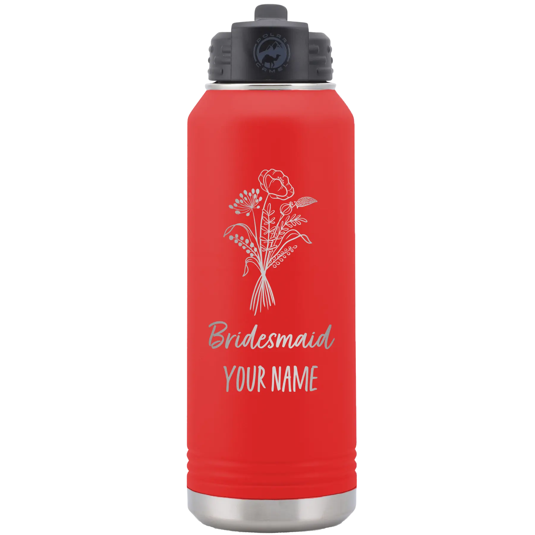 Personalized red 32 oz vacuum insulated water bottle with 'Bridesmaid with flowers' design