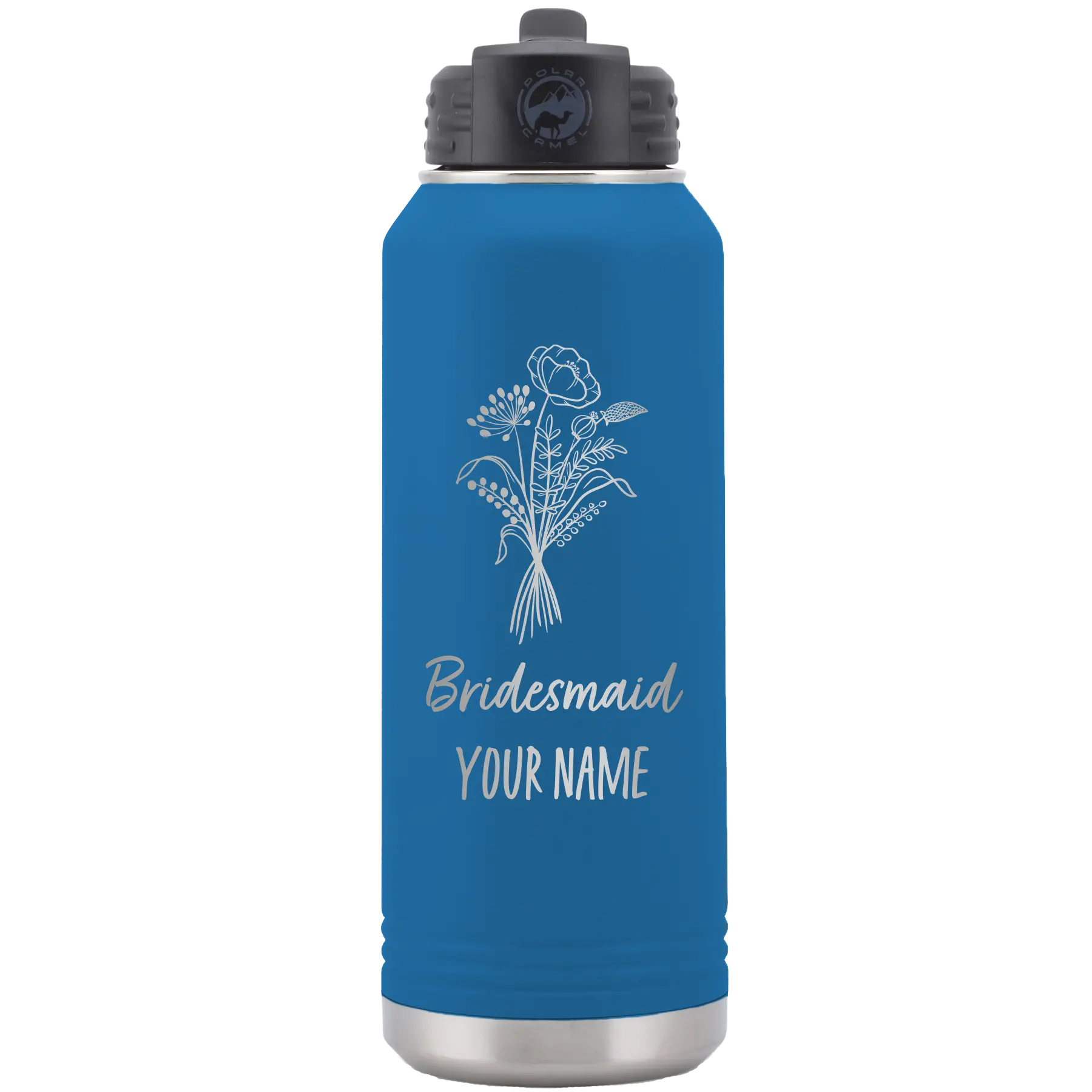 Personalized royal blue 32 oz vacuum insulated water bottle with 'Bridesmaid with flowers' design