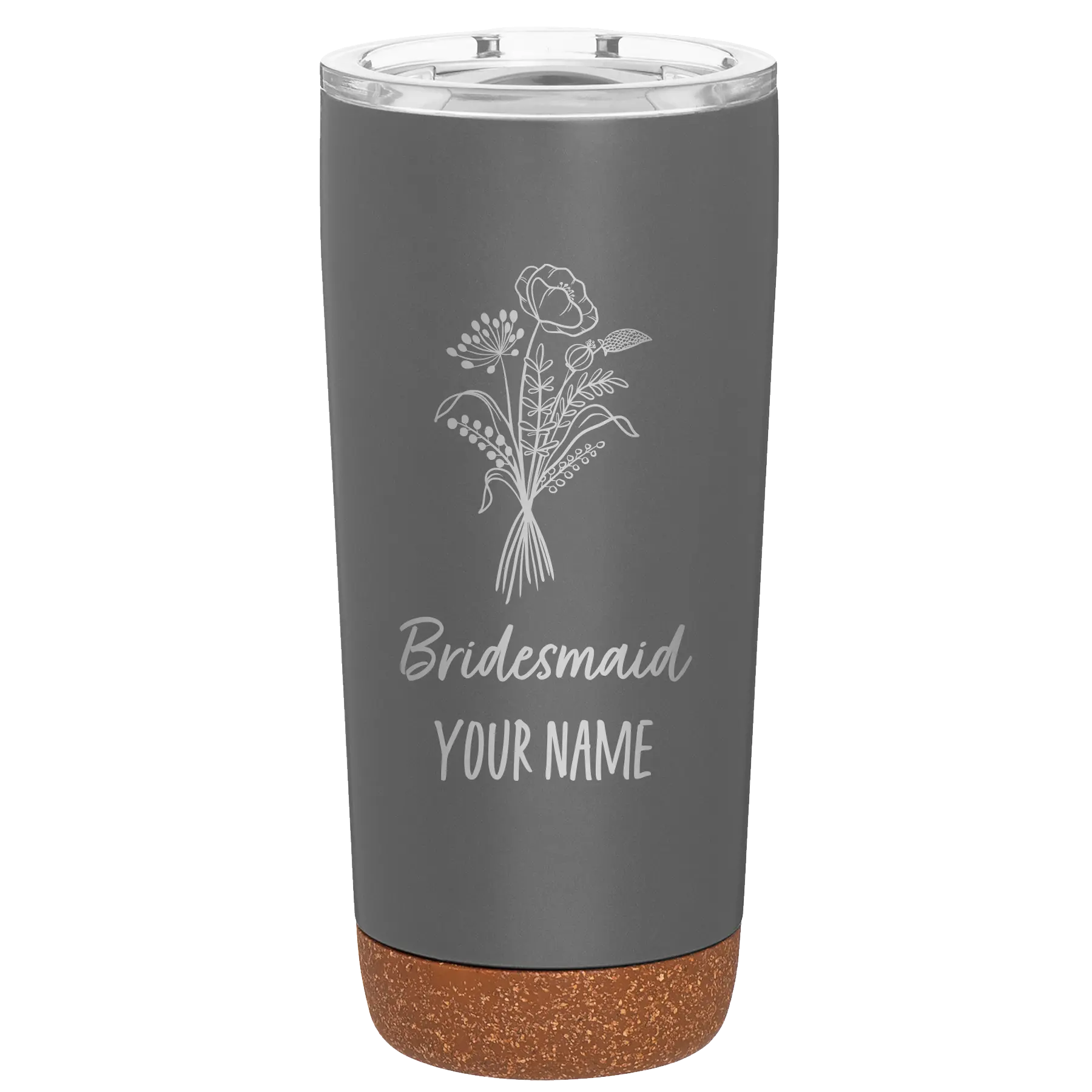 Personalized storm gray 20 oz vacuum insulated tumbler with 'Bridesmaid with flowers' design