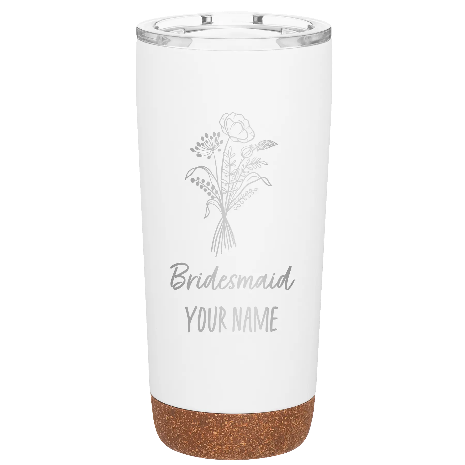 Personalized white 20 oz vacuum insulated tumbler with 'Bridesmaid with flowers' design