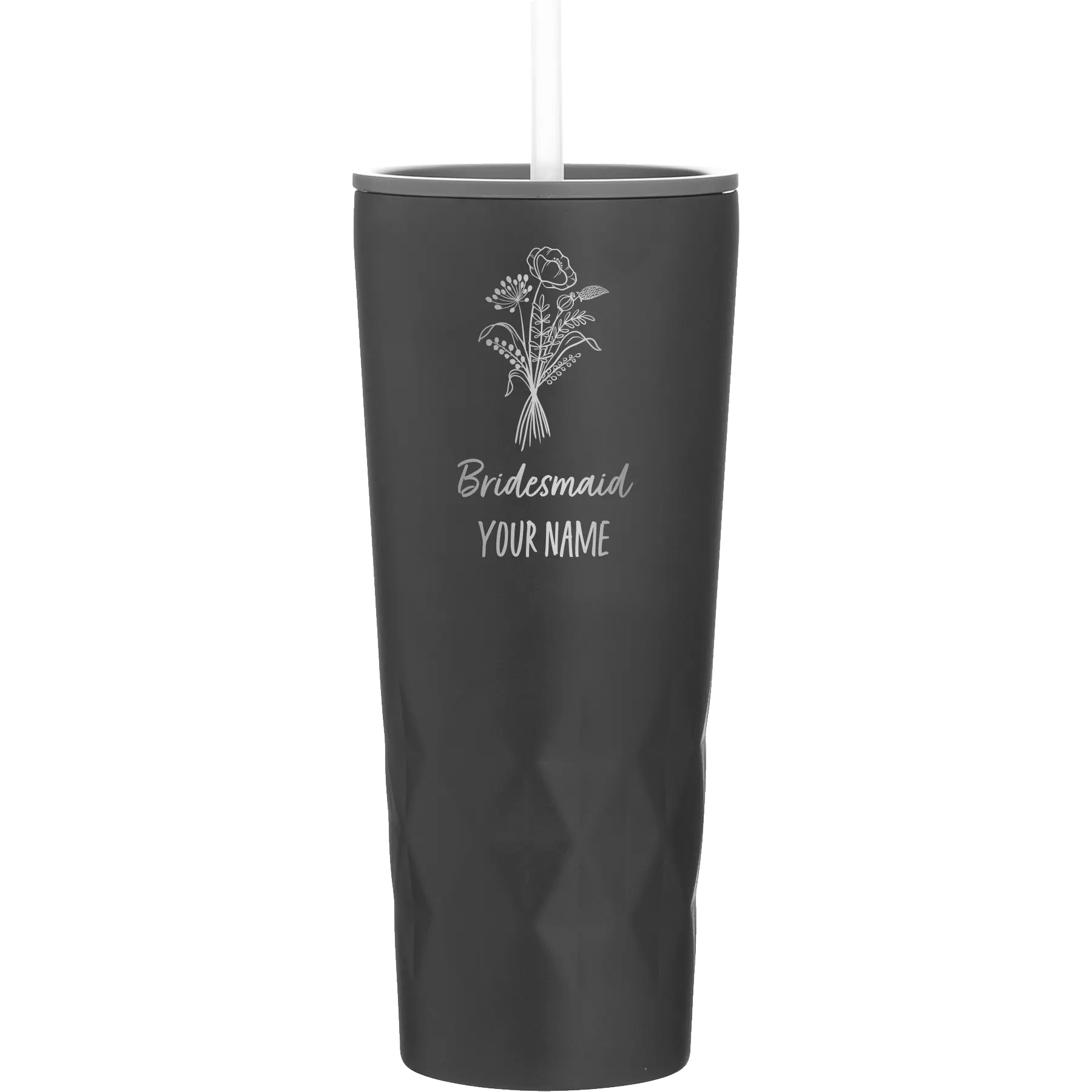 Personalized black 20 oz vacuum insulated tumbler with 'Bridesmaid with flowers' design