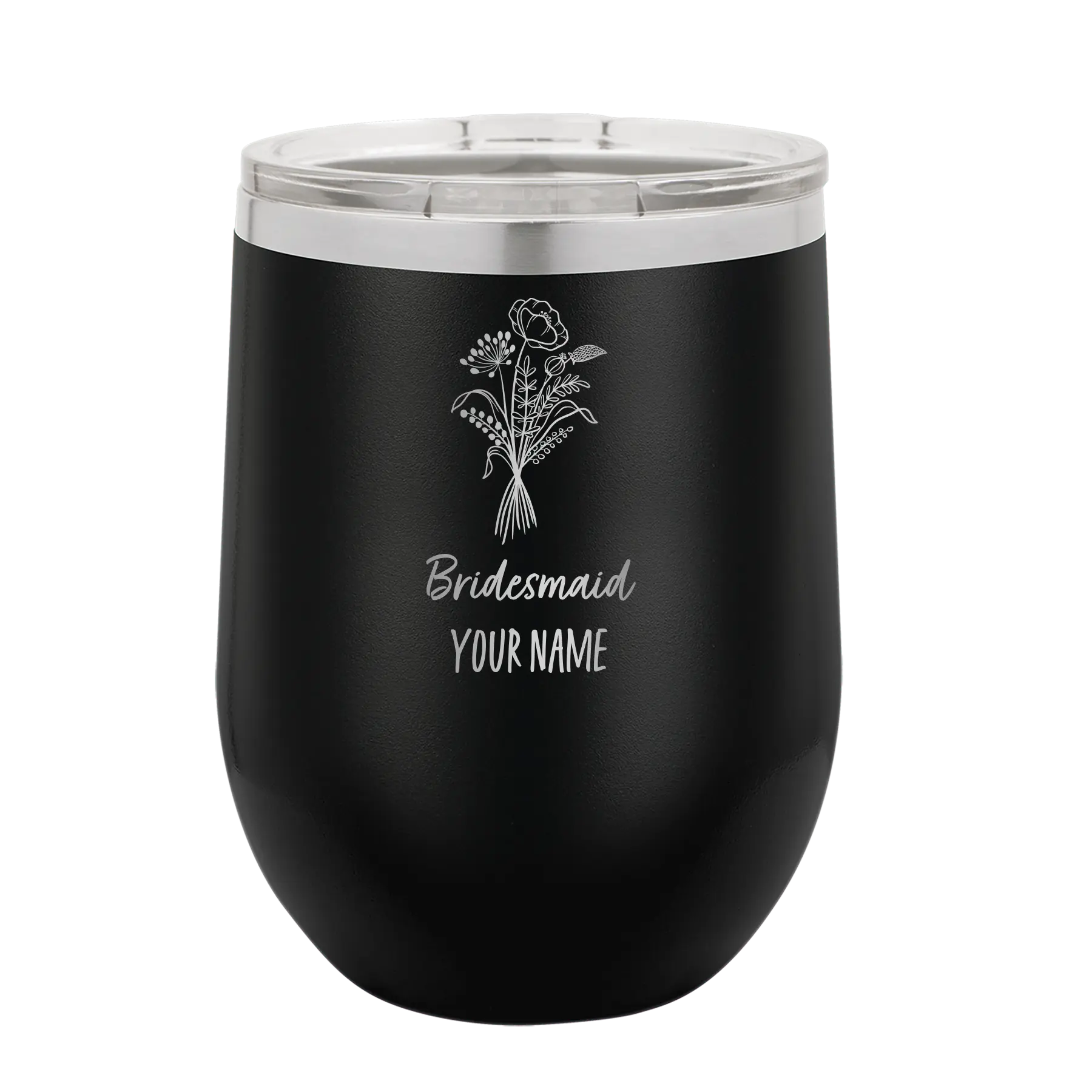 Personalized black 12 oz vacuum insulated wine cup with 'Bridesmaid with flowers' design
