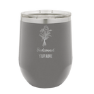 Personalized dark gray 12 oz vacuum insulated wine cup with 'Bridesmaid with flowers' design
