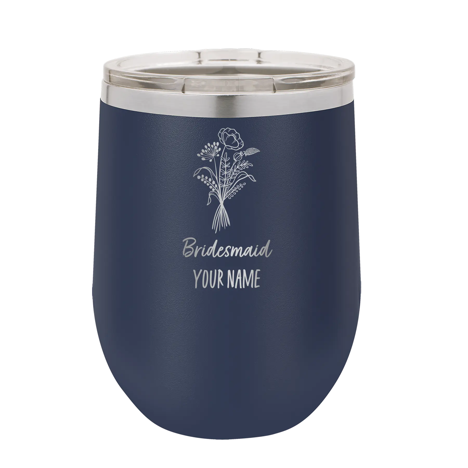 Personalized navy 12 oz vacuum insulated wine cup with 'Bridesmaid with flowers' design