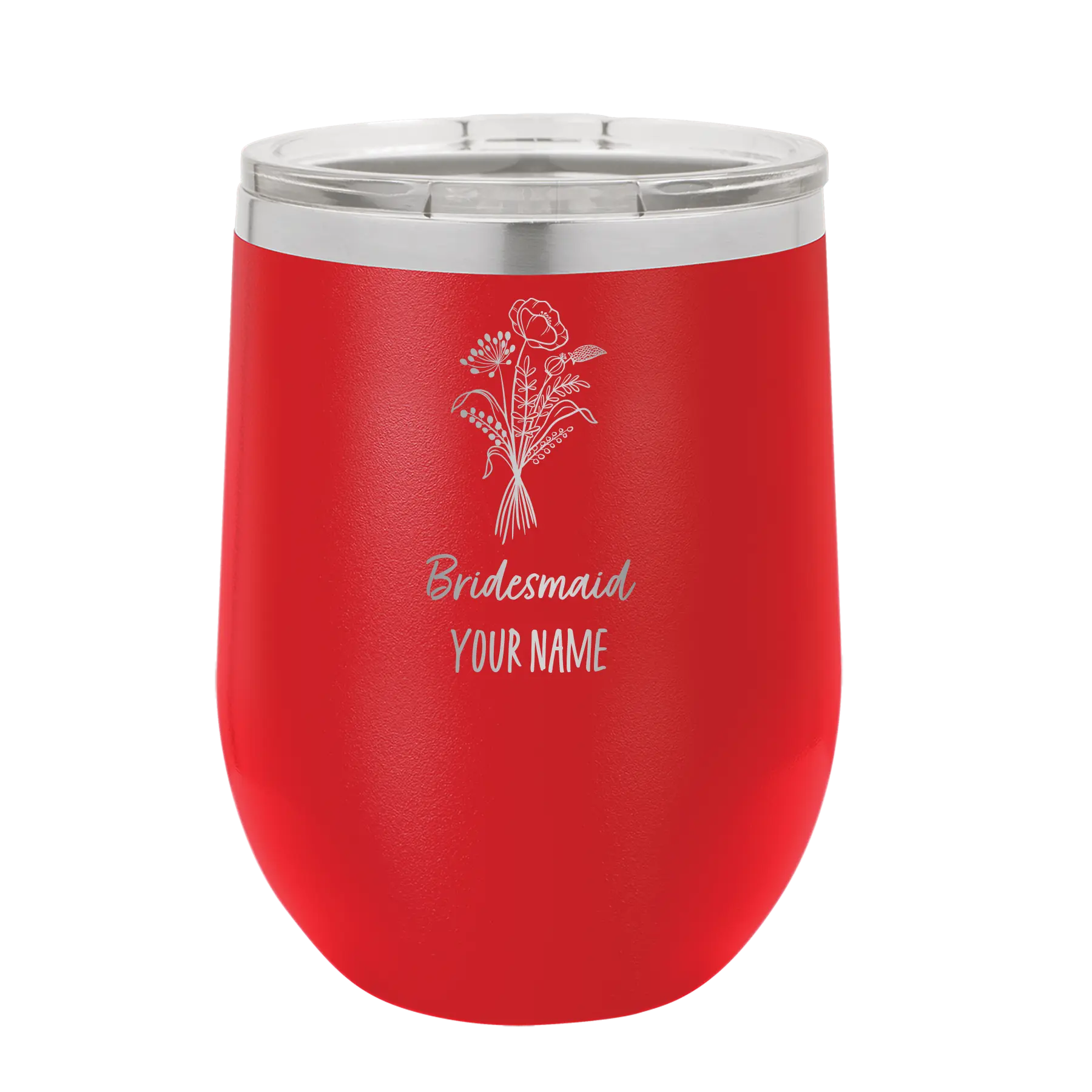 Personalized red 12 oz vacuum insulated wine cup with 'Bridesmaid with flowers' design
