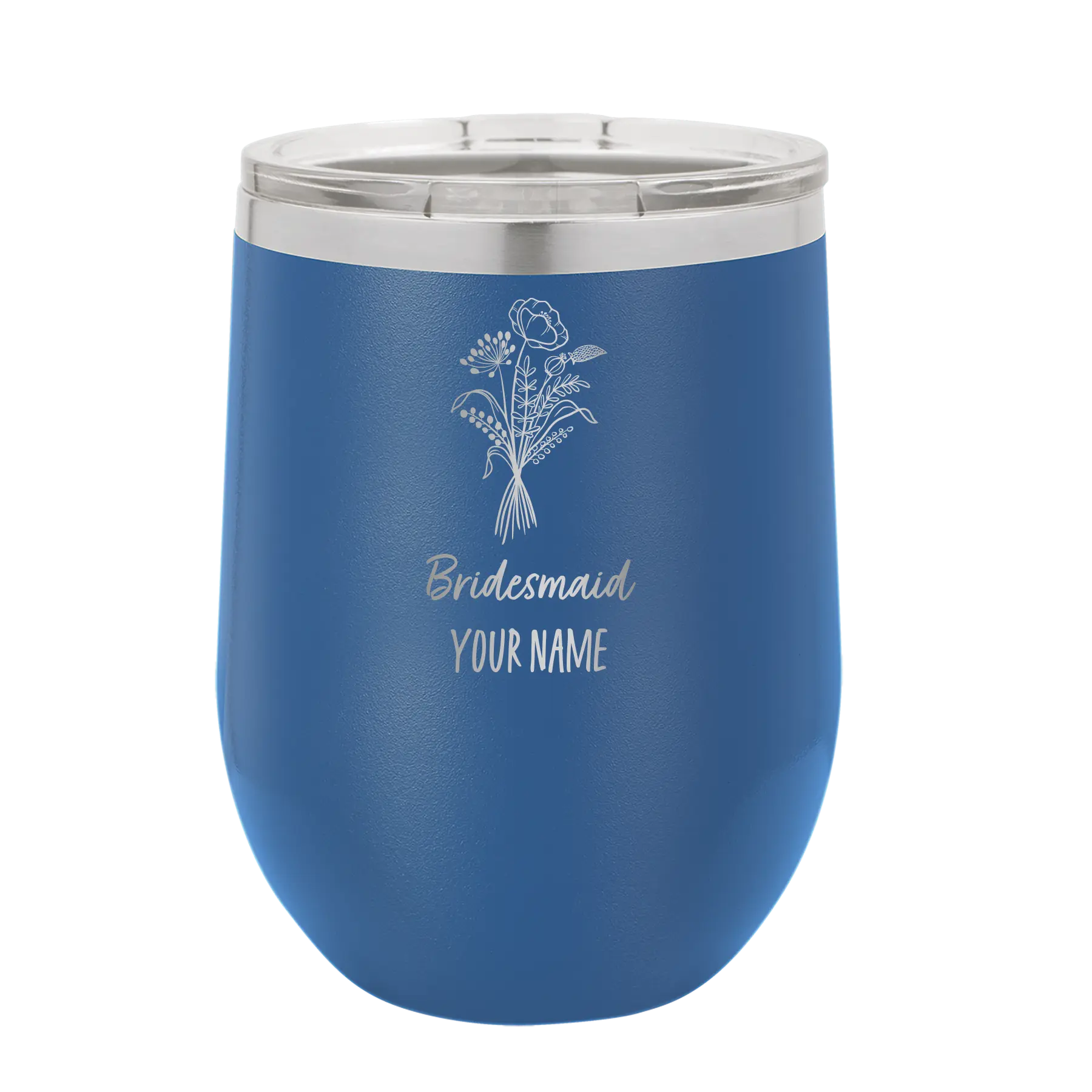 Personalized royal blue 12 oz vacuum insulated wine cup with 'Bridesmaid with flowers' design