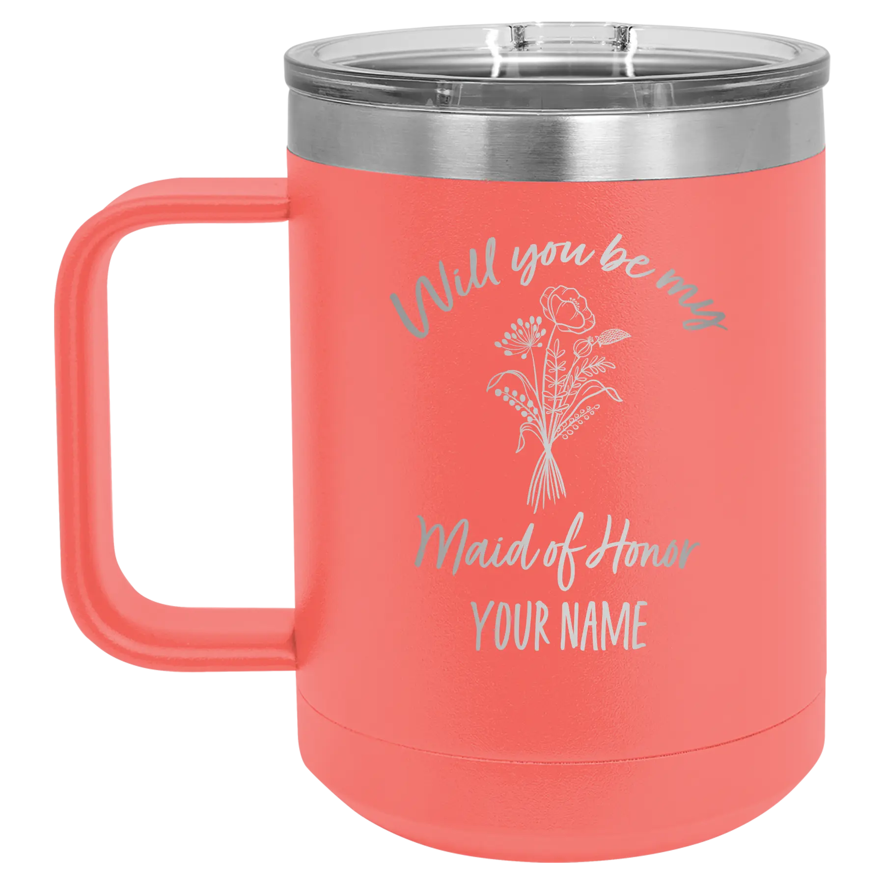 Personalized coral 15 oz vacuum insulated coffee mug with 'Will you be' design