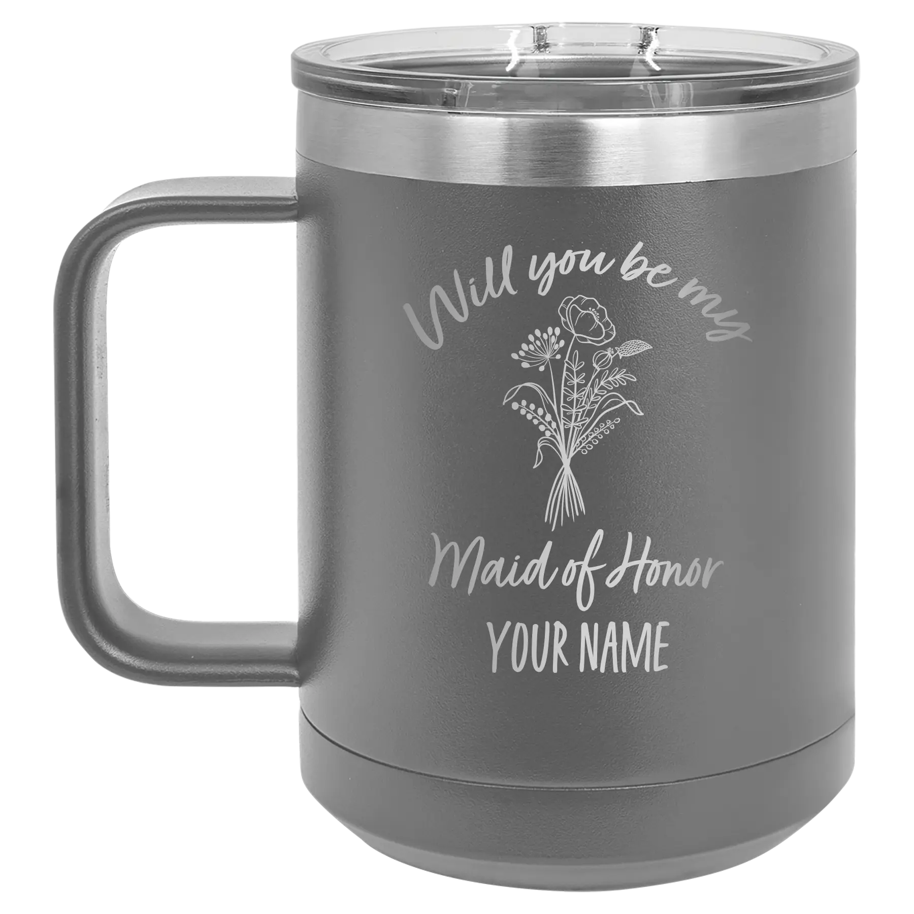 Personalized dark gray 15 oz vacuum insulated coffee mug with 'Will you be' design