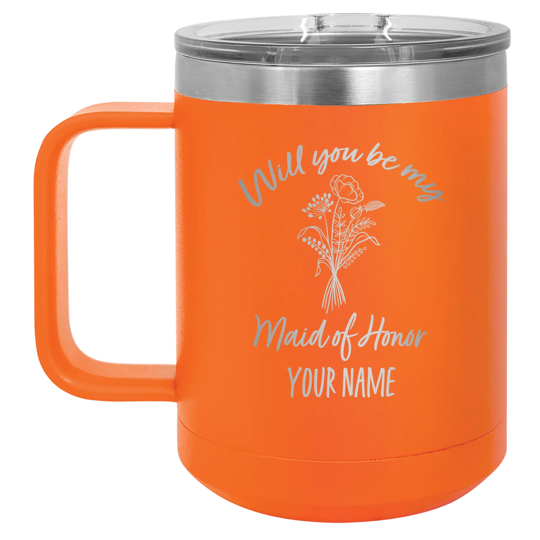 Personalized orange 15 oz vacuum insulated coffee mug with 'Will you be' design