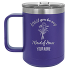 Personalized purple 15 oz vacuum insulated coffee mug with 'Will you be' design