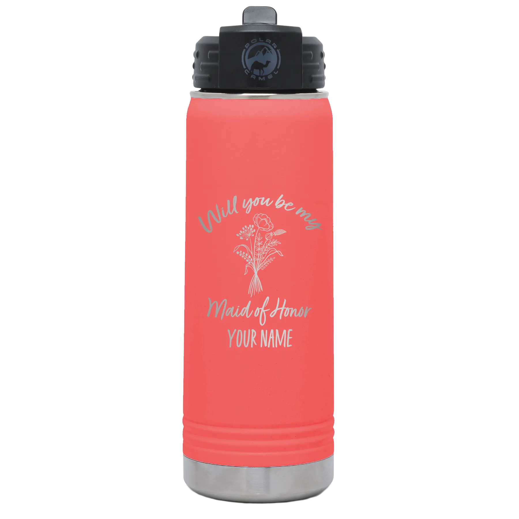 Personalized coral 20 oz vacuum insulated water bottle with 'Will you be' design