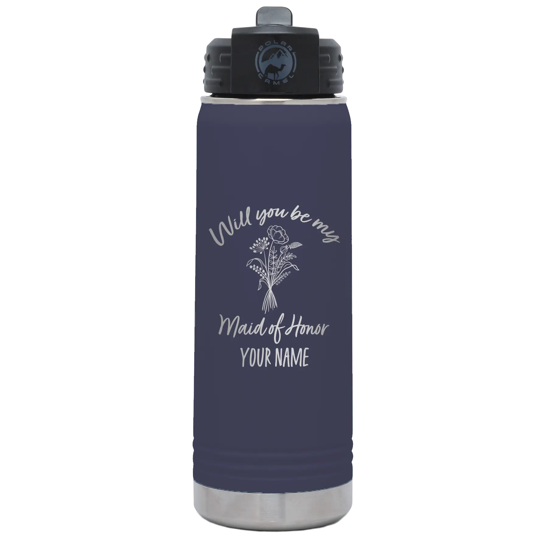 Personalized navy 20 oz vacuum insulated water bottle with 'Will you be' design
