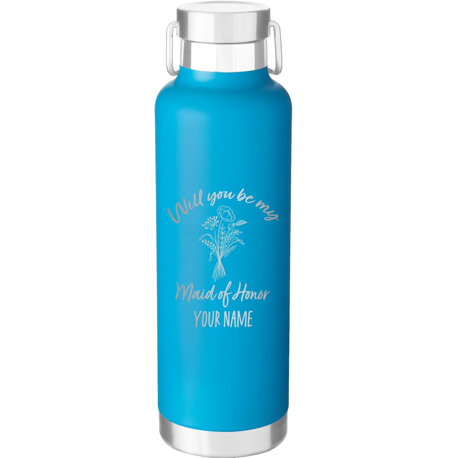Personalized aqua 24 oz vacuum insulated water bottle with 'Will you be' design