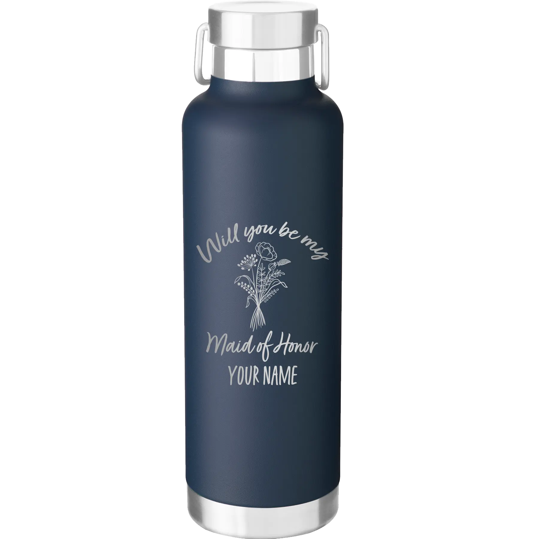 Personalized navy 24 oz vacuum insulated water bottle with 'Will you be' design
