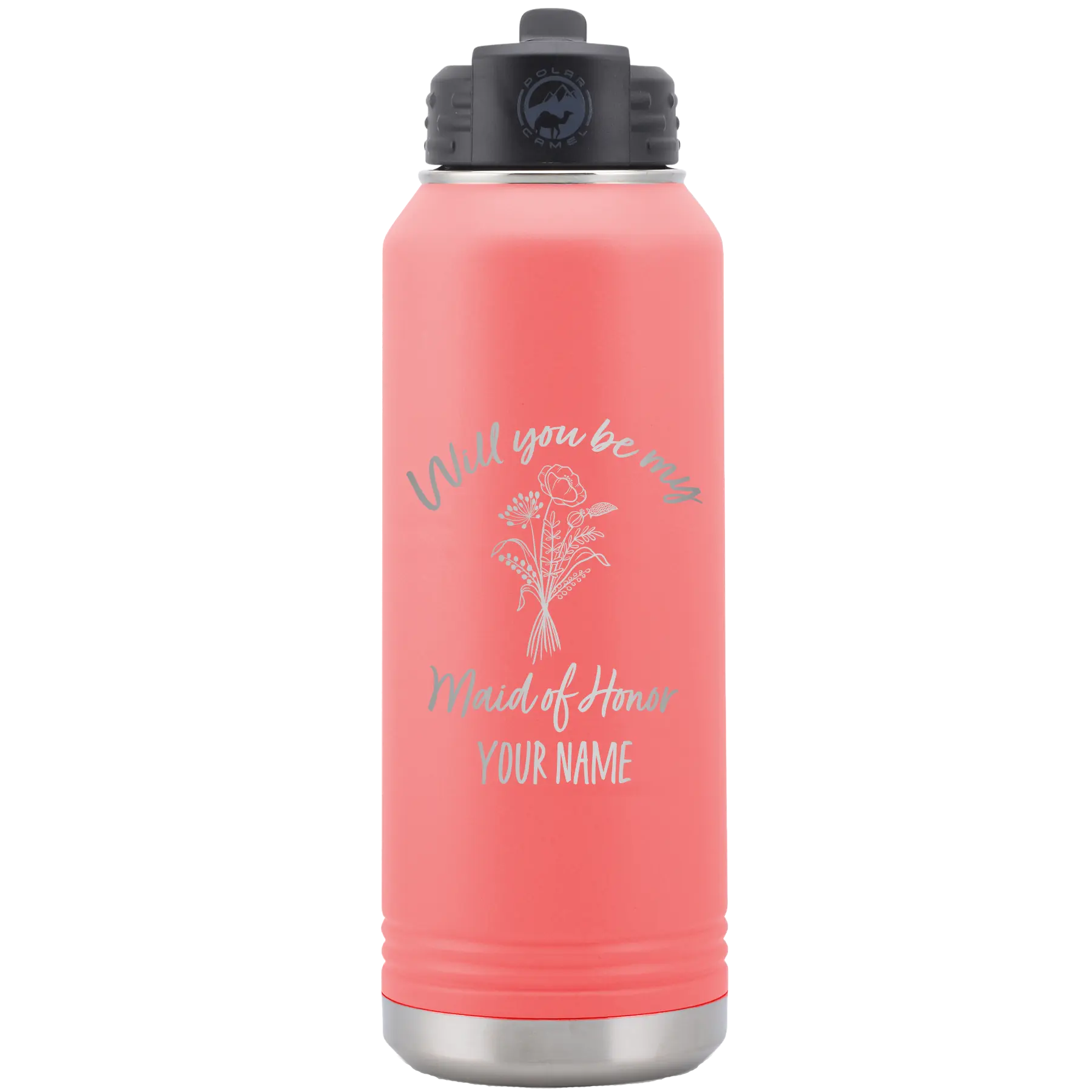 Personalized coral 32 oz vacuum insulated water bottle with 'Will you be' design