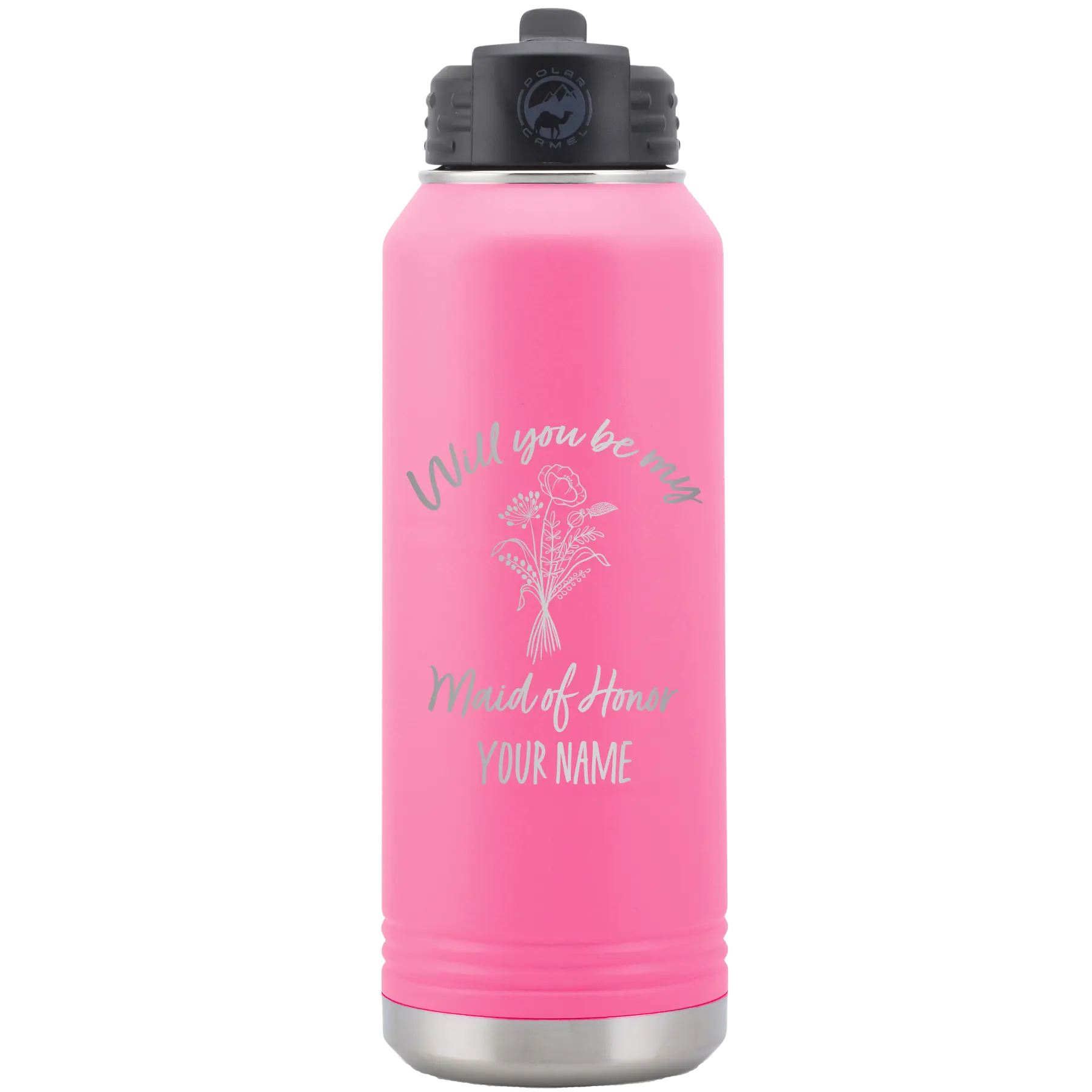 Personalized pink 32 oz vacuum insulated water bottle with 'Will you be' design