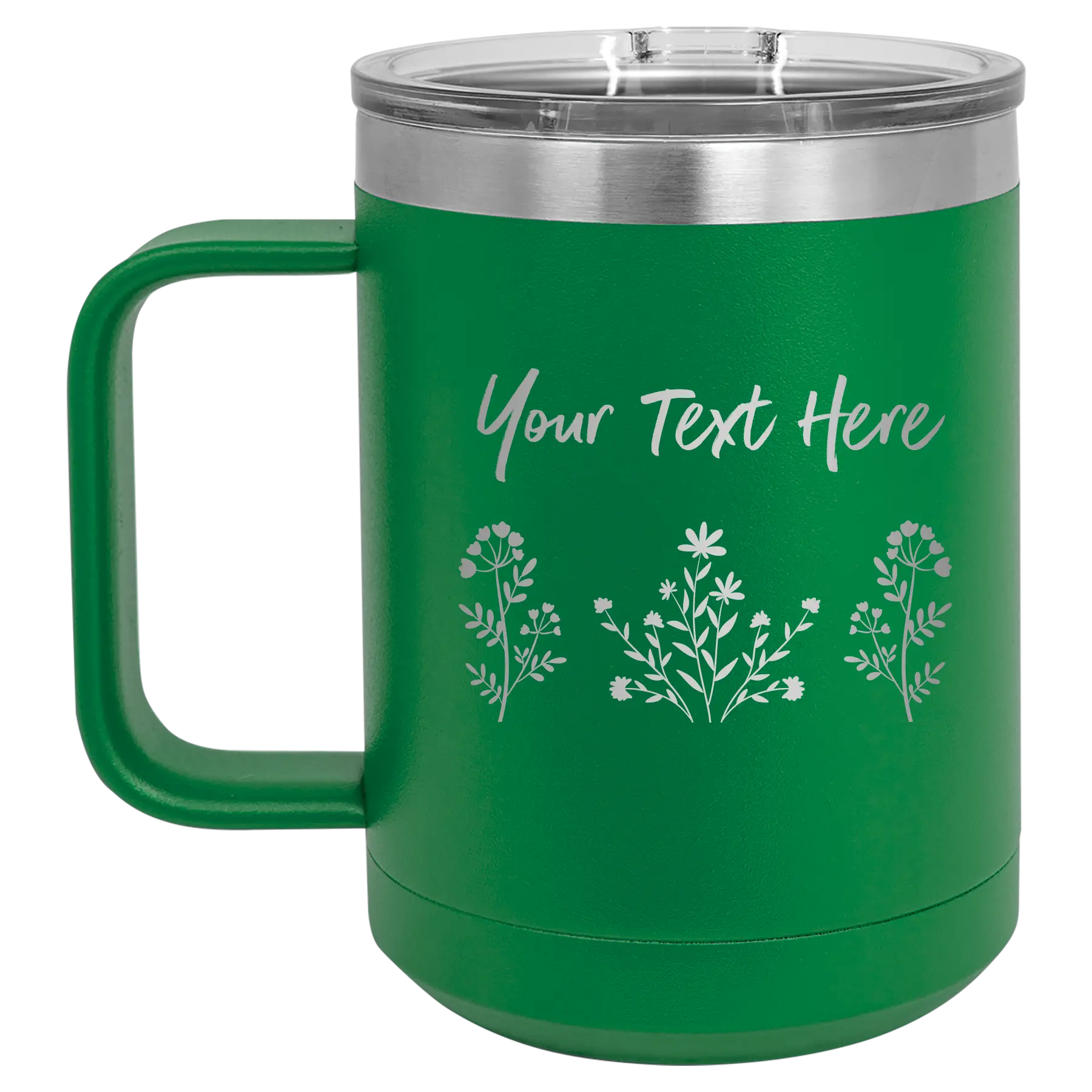 Personalized green 15 oz vacuum insulated coffee mug with 'Floral with text' design