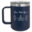 Personalized navy 15 oz vacuum insulated coffee mug with 'Floral with text' design