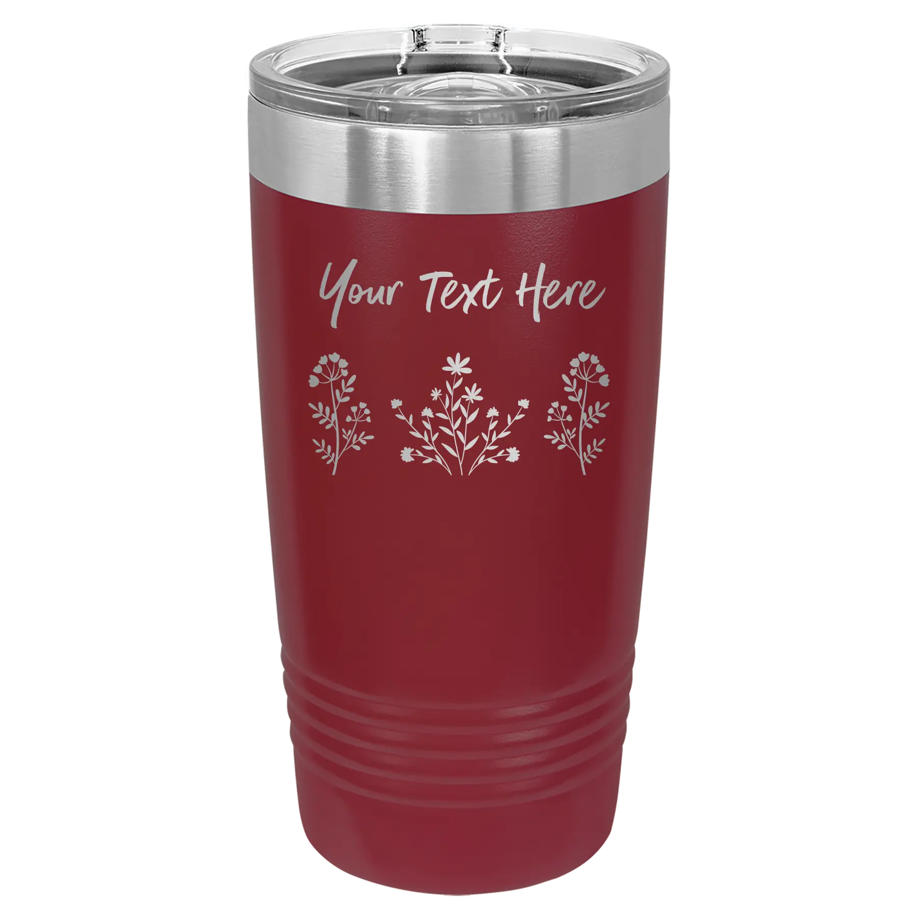 Personalized maroon 20 oz vacuum insulated tumbler with 'Floral with text' design