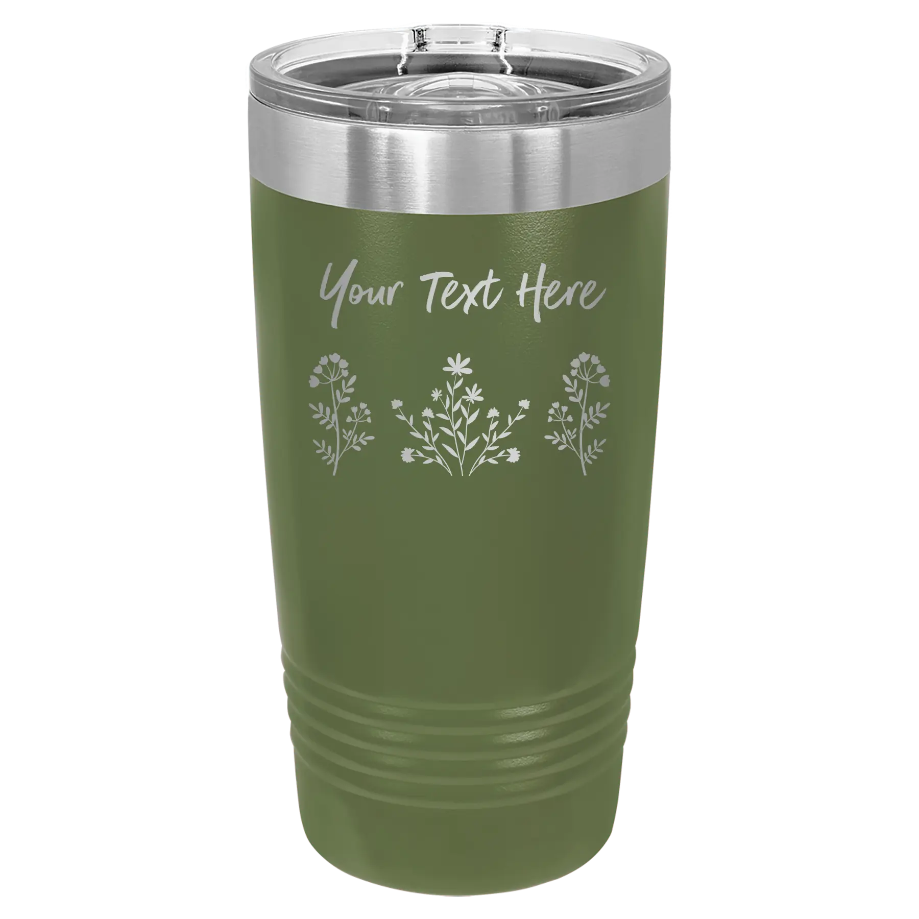 Personalized olive green 20 oz vacuum insulated tumbler with 'Floral with text' design