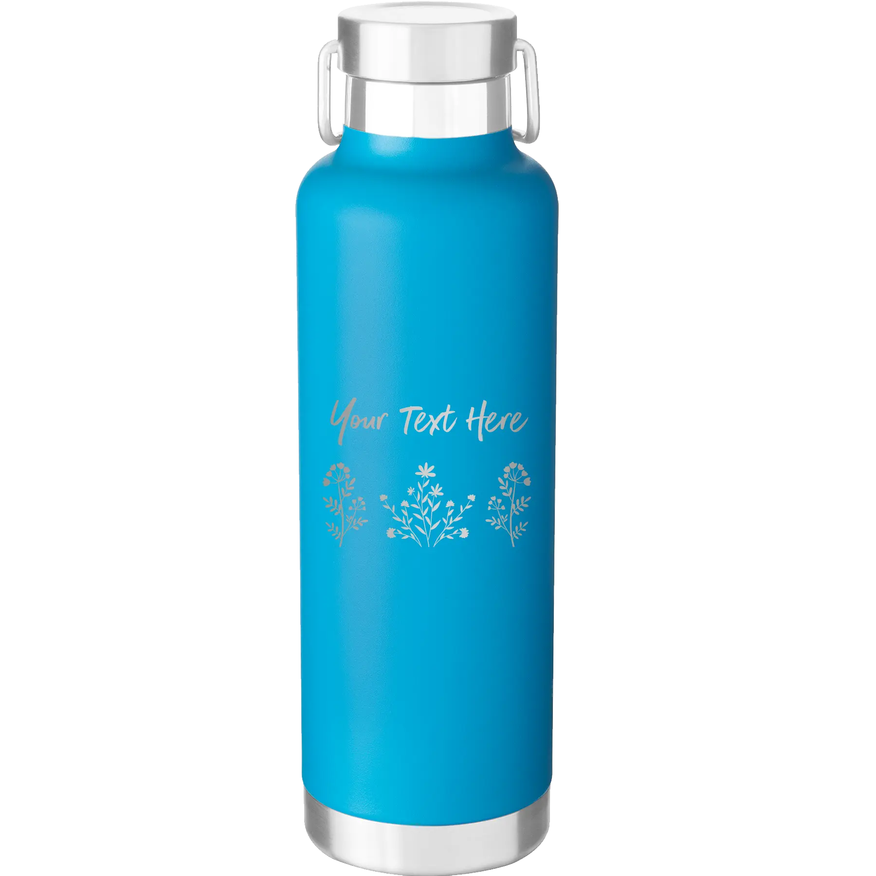Personalized aqua 24 oz vacuum insulated water bottle with 'Floral with text' design