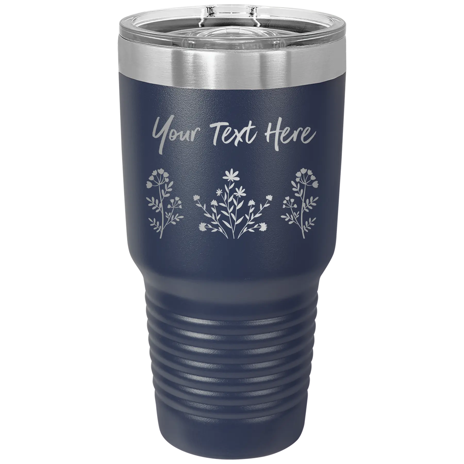 Personalized navy 30 oz vacuum insulated tumbler with 'Floral with text' design