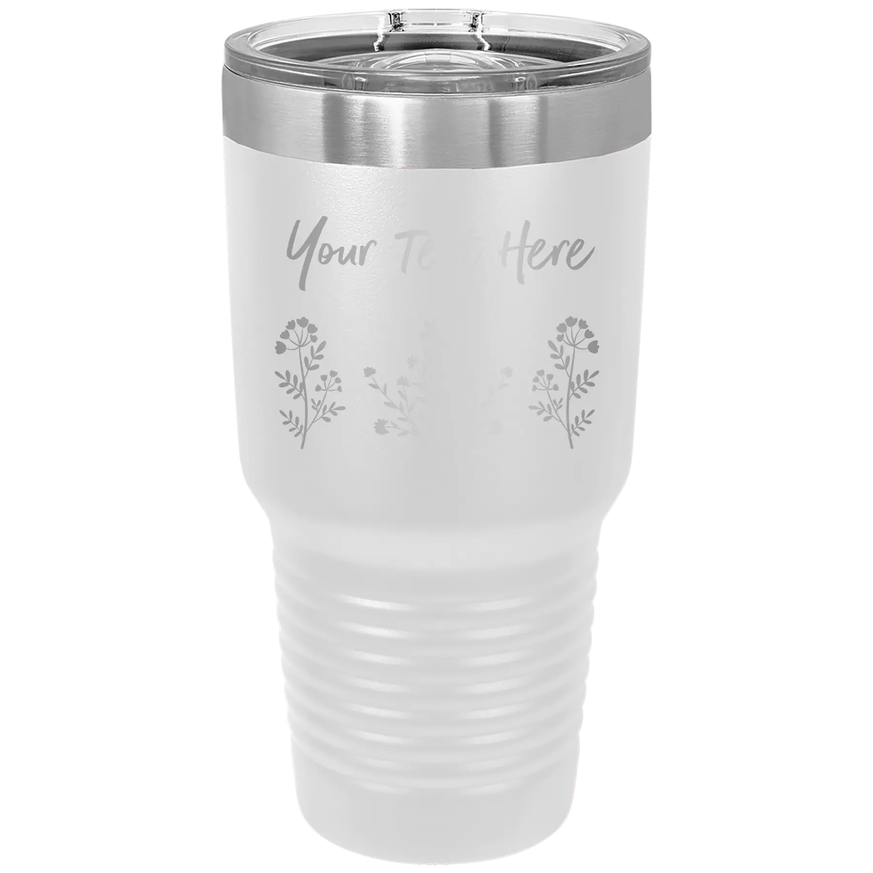 Personalized white 30 oz vacuum insulated tumbler with 'Floral with text' design