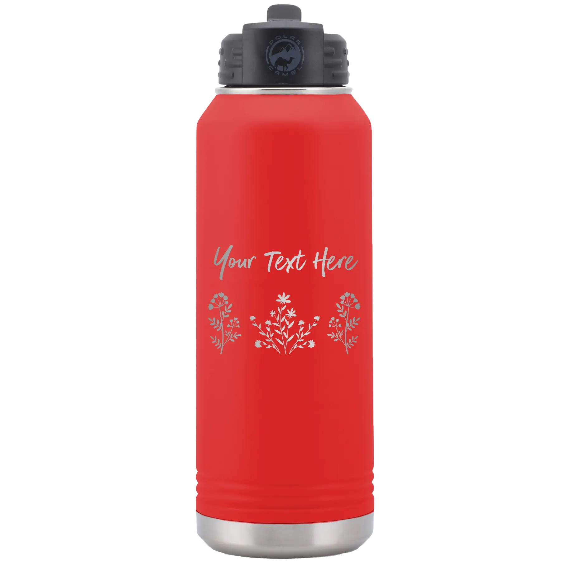 Personalized red 32 oz vacuum insulated water bottle with 'Floral with text' design