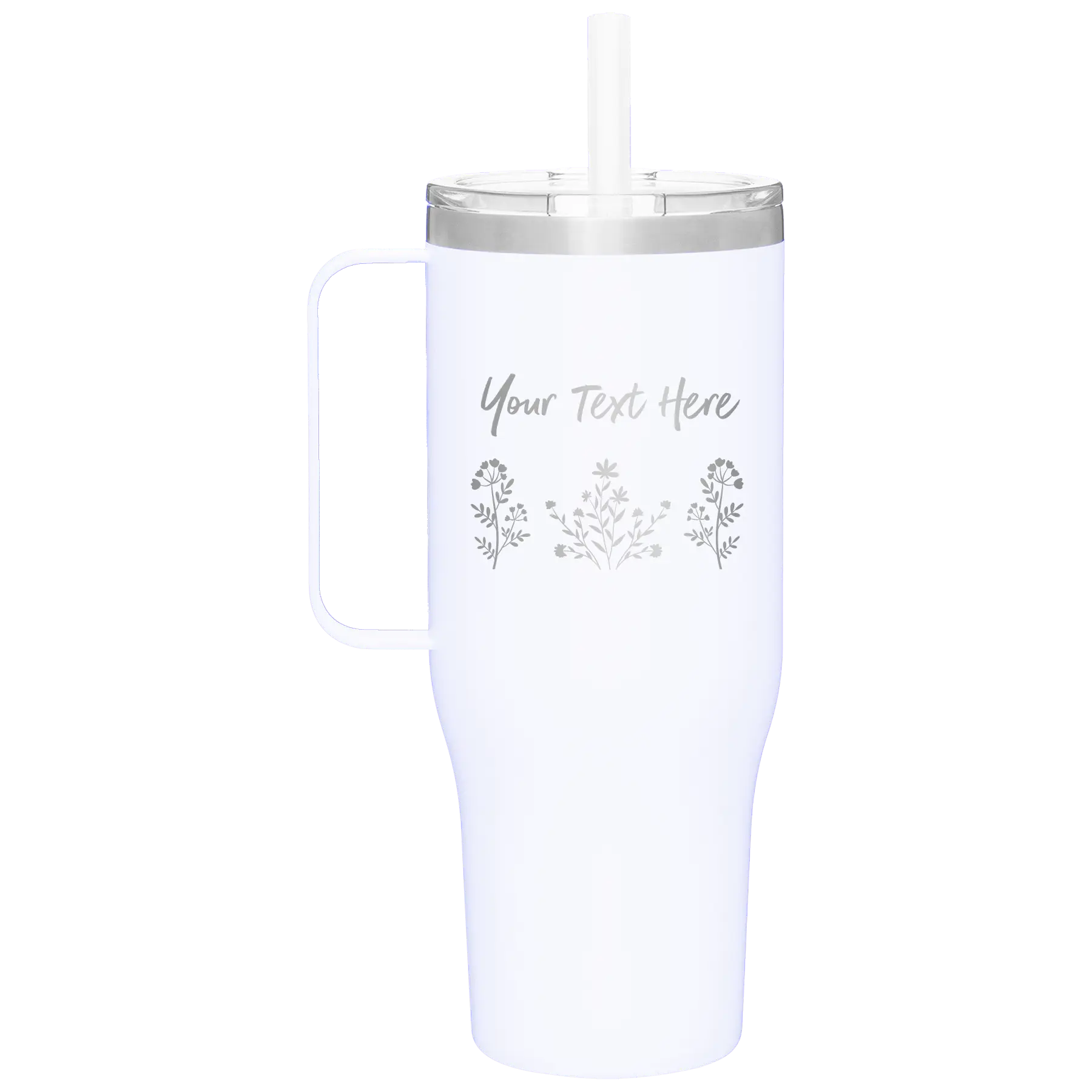 Personalized white 40 oz vacuum insulated tumbler mug with 'Floral with text' design