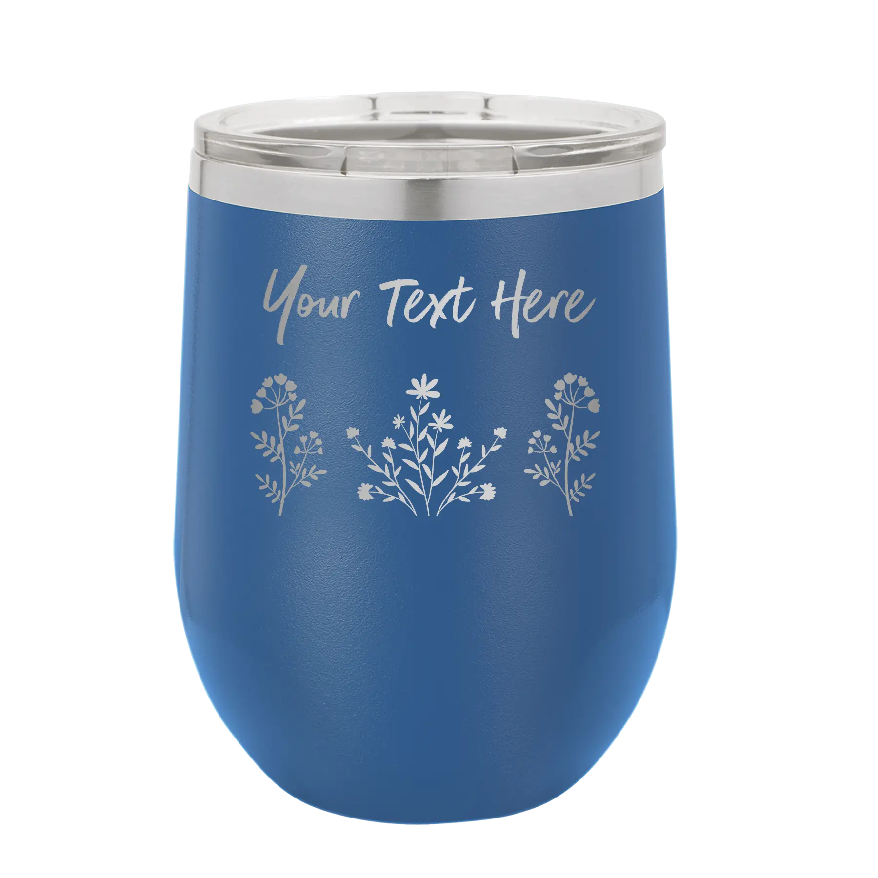 Personalized royal blue 12 oz vacuum insulated wine cup with 'Floral with text' design