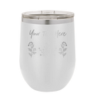 Personalized white 12 oz vacuum insulated wine cup with 'Floral with text' design