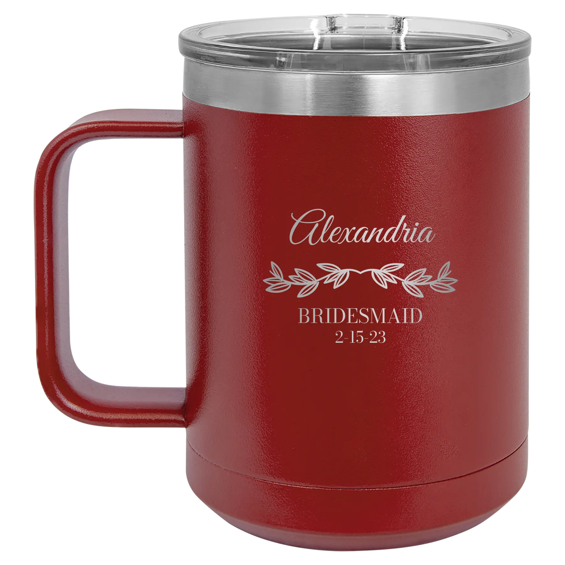 Personalized maroon 15 oz vacuum insulated coffee mug with 'BRIDESMAID DATE' design