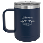 Personalized navy 15 oz vacuum insulated coffee mug with 'BRIDESMAID DATE' design