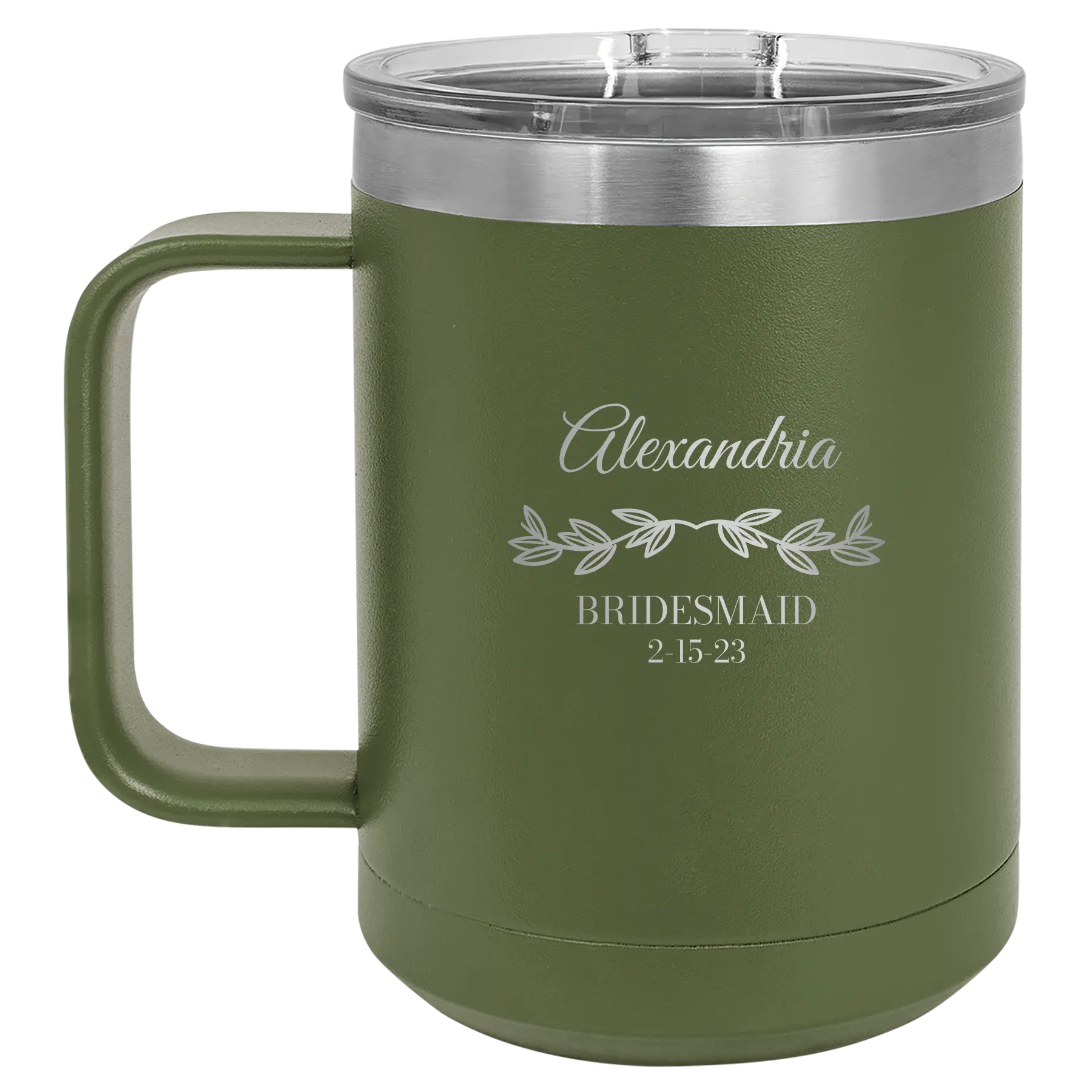 Personalized olive green 15 oz vacuum insulated coffee mug with 'BRIDESMAID DATE' design