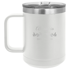 Personalized white 15 oz vacuum insulated coffee mug with 'BRIDESMAID DATE' design