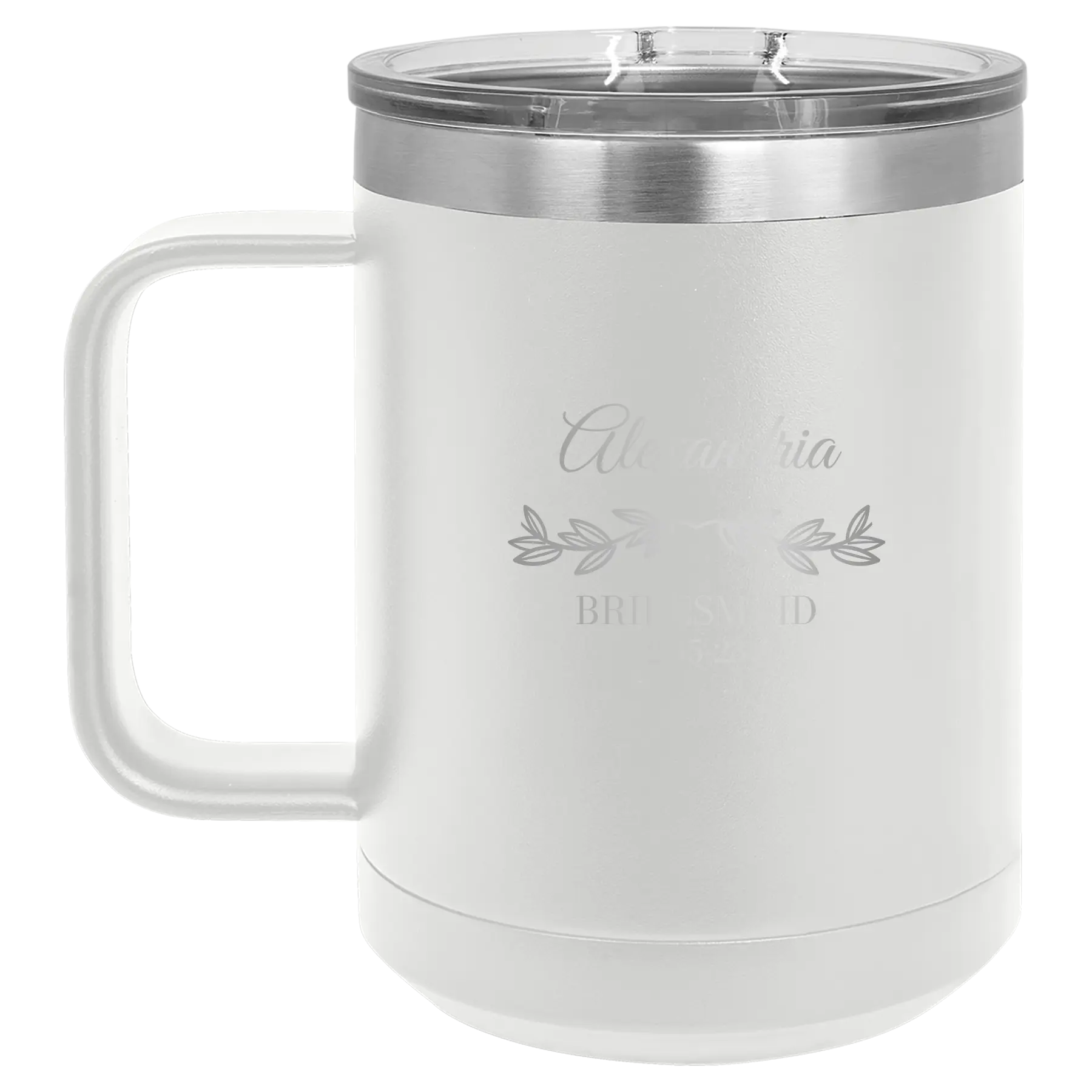 Personalized white 15 oz vacuum insulated coffee mug with 'BRIDESMAID DATE' design
