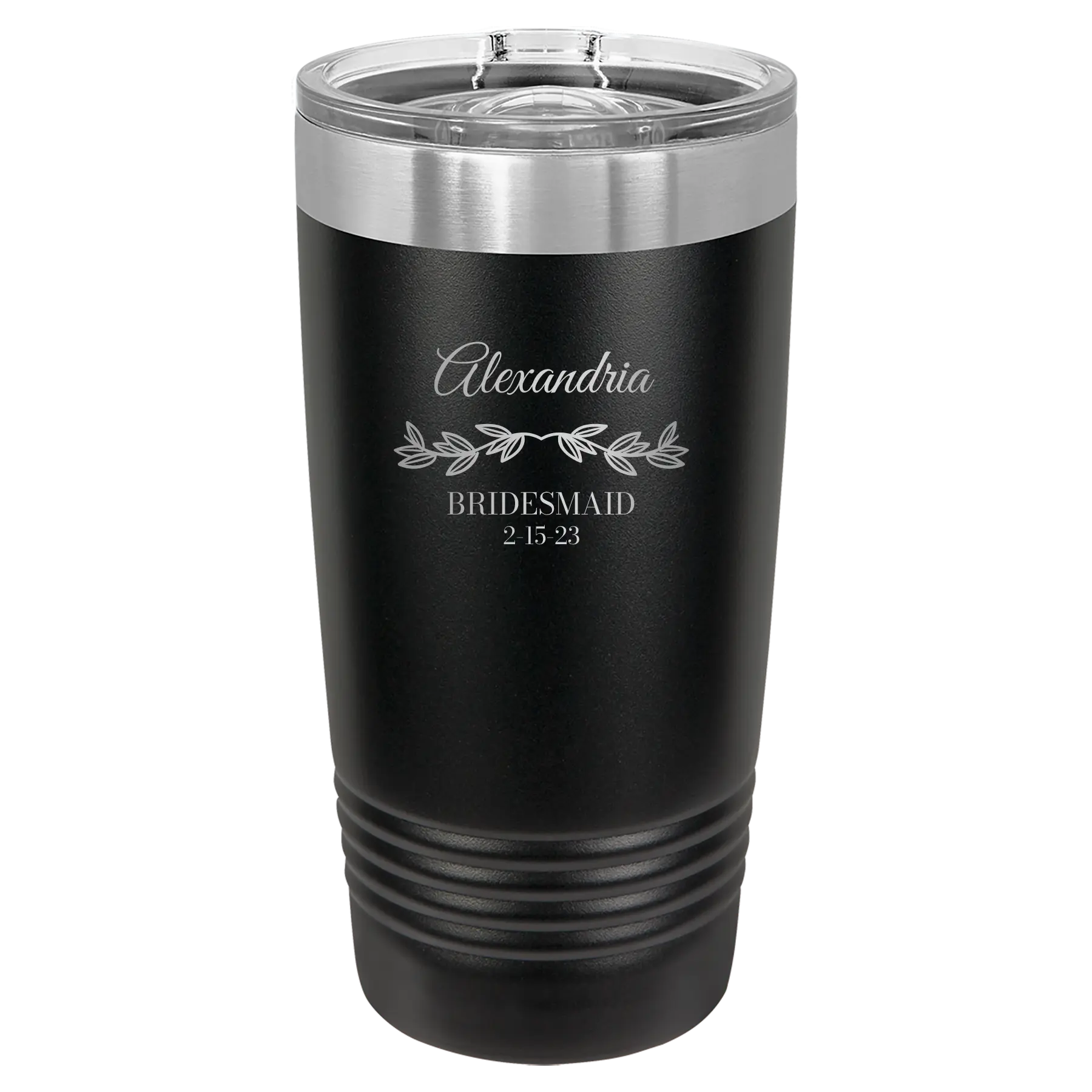 Personalized black 20 oz vacuum insulated tumbler with 'BRIDESMAID DATE' design