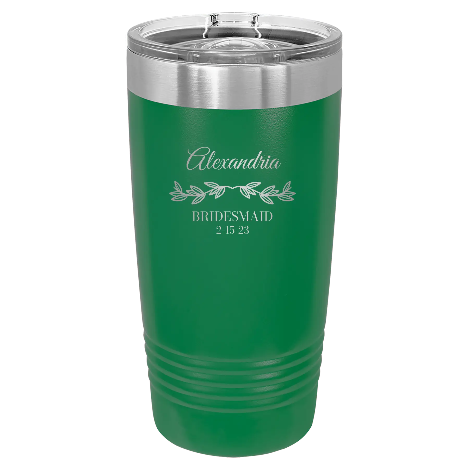 Personalized green 20 oz vacuum insulated tumbler with 'BRIDESMAID DATE' design