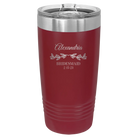 Personalized maroon 20 oz vacuum insulated tumbler with 'BRIDESMAID DATE' design
