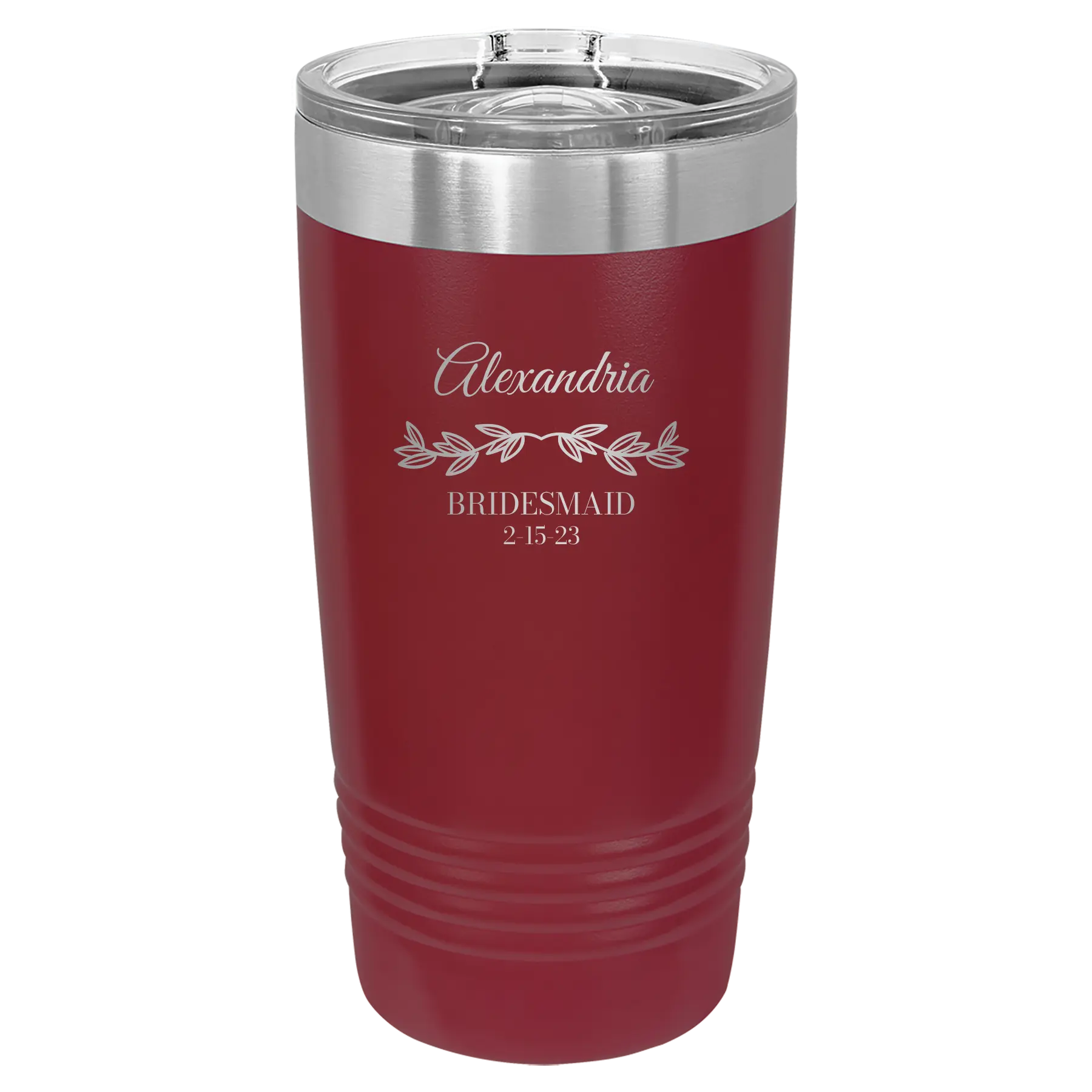 Personalized maroon 20 oz vacuum insulated tumbler with 'BRIDESMAID DATE' design