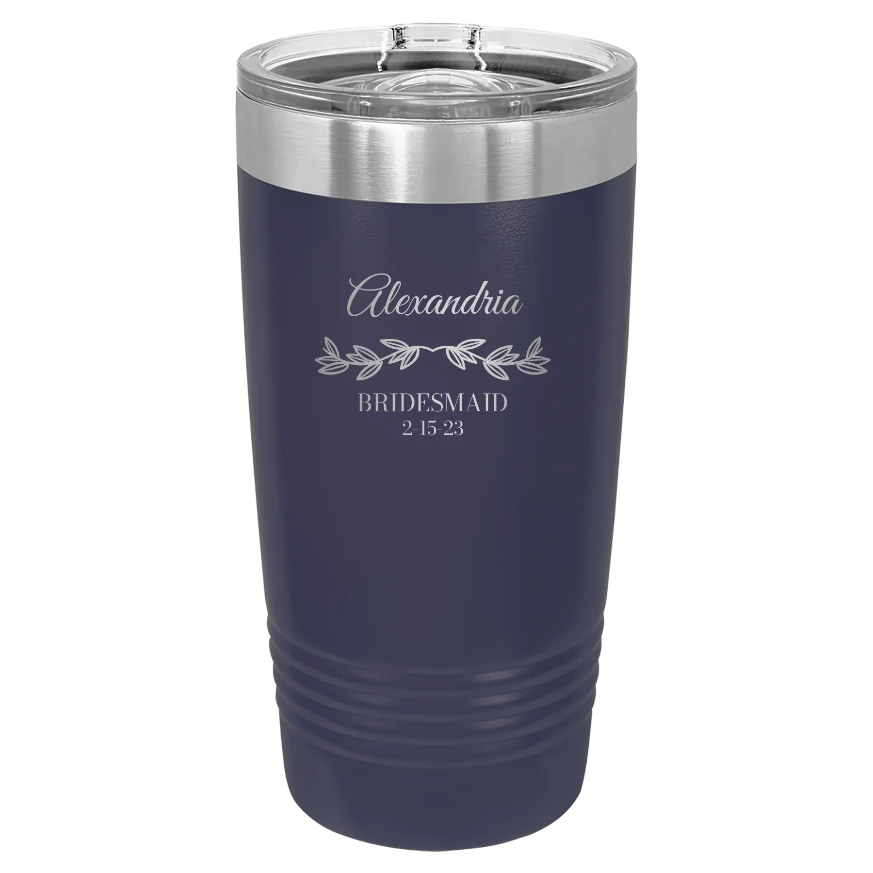 Personalized navy 20 oz vacuum insulated tumbler with 'BRIDESMAID DATE' design